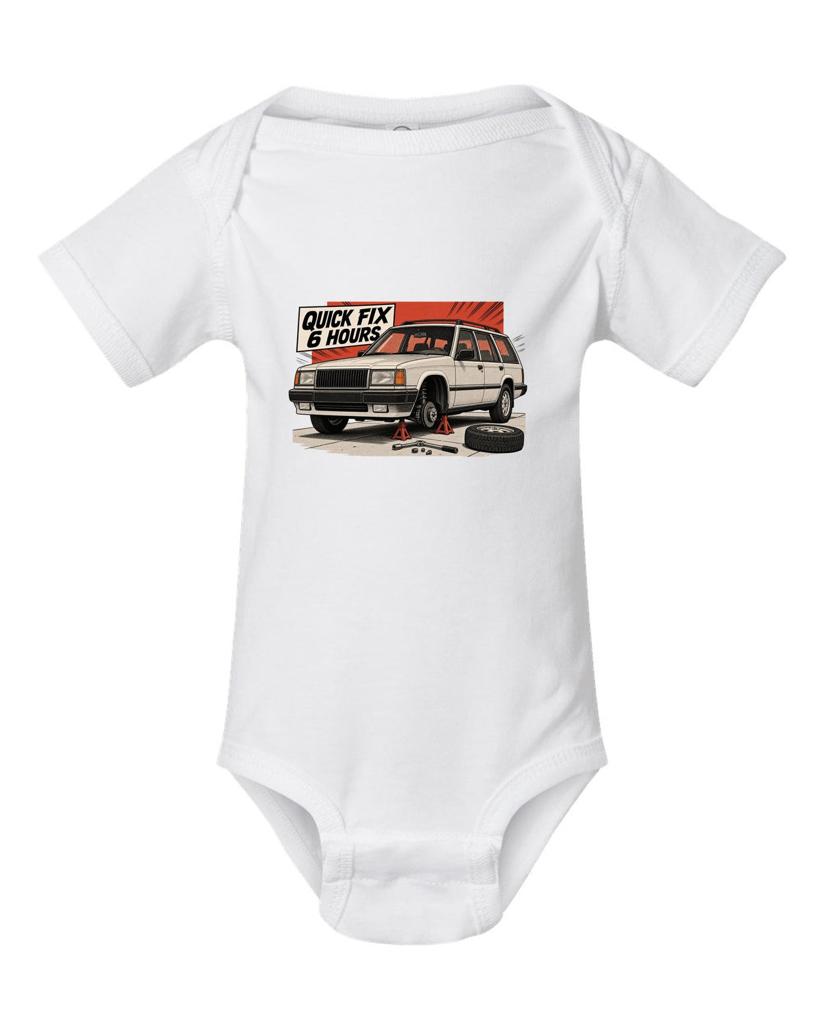 Retro manga halftone panel of a Jeep Cherokee XJ on jack stands with Quick Fix 6 Hours text white baby onesie front view with the design