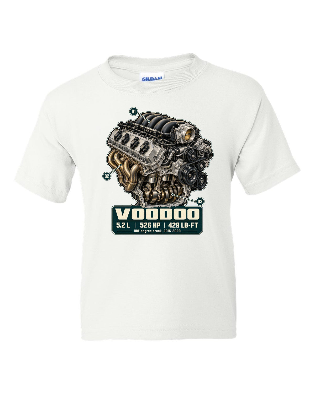 Ford Mustang S550 Shelby GT350 Voodoo 5.2 L engine hero print white kids tee front view with the design