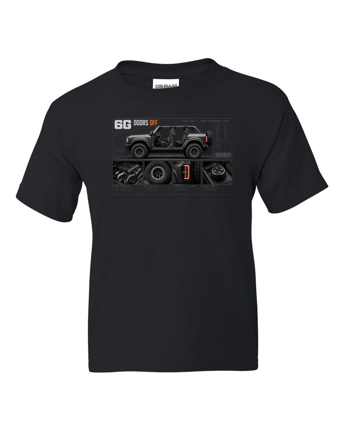 Ford Bronco 6G four-door dossier panel print with doors off, roof off text black kids tee front view with the design