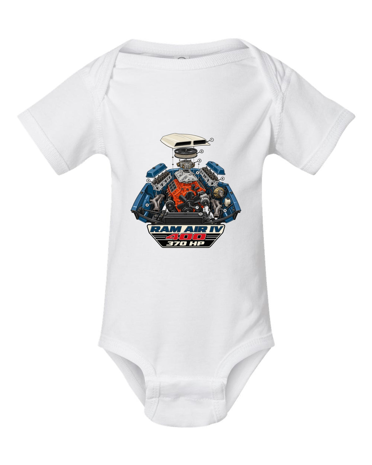 1969 Pontiac GTO Ram Air IV exploded engine bay diagram with 400 and 370 HP text white baby onesie front view with the design