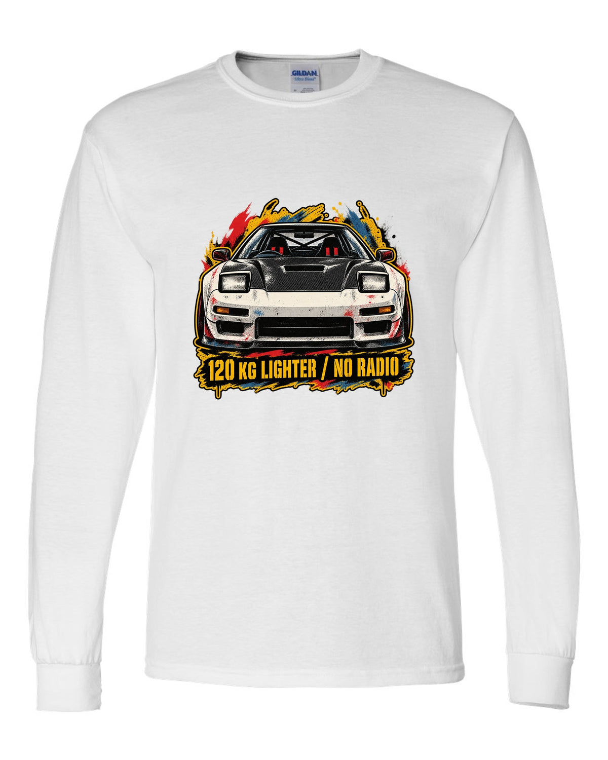 Grunge screen-print stencil print of a Honda NSX-R NA1 with 120 KG lighter no radio text white long sleeve front view with the design