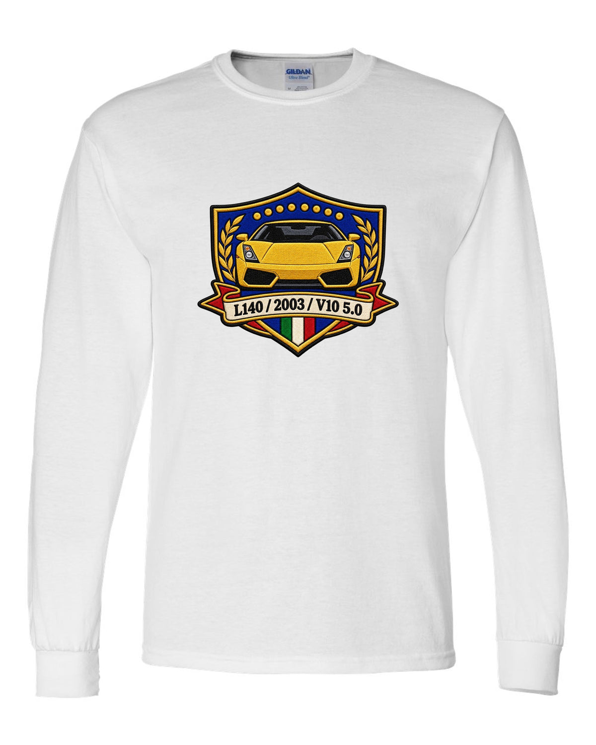 Embroidery-style crest for a 2003 Lamborghini Gallardo L140 with V10 5.0 text white long sleeve front view with the design