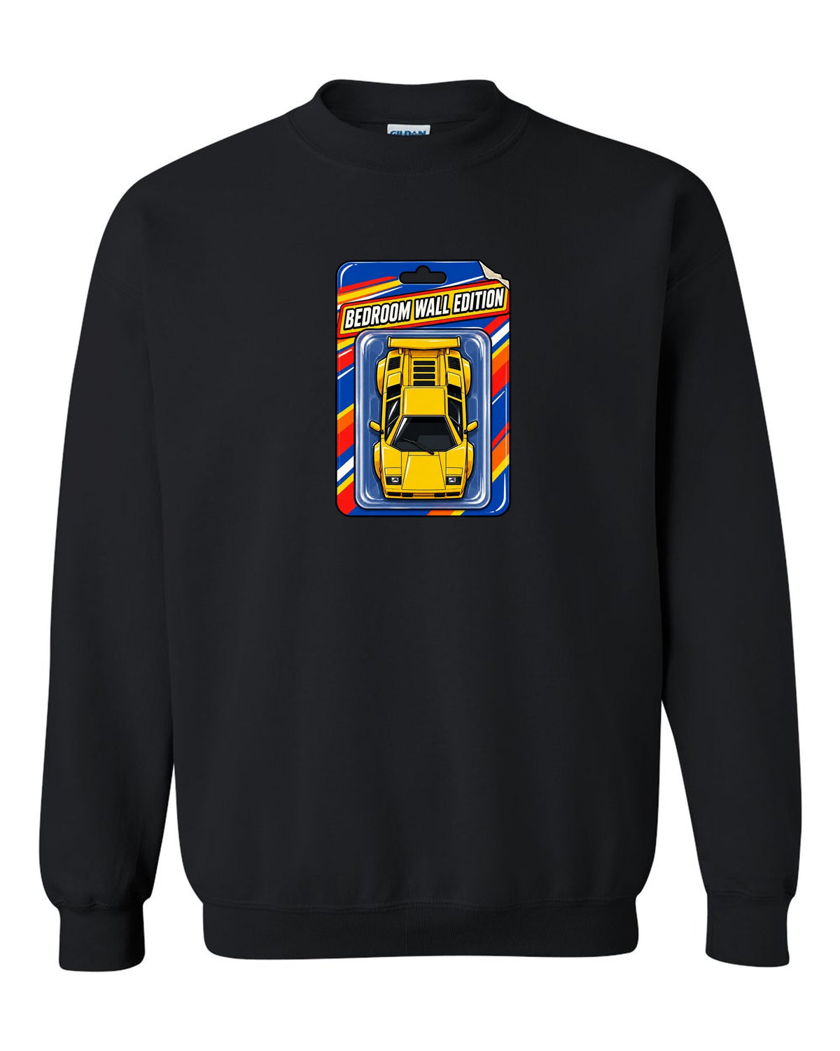Top-down Lamborghini Countach LP400 S on a toy blister card labelled Bedroom Wall Edition black crewneck front view with the design