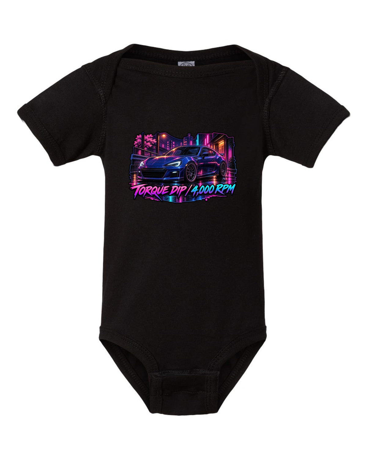 Spray-paint graffiti style Subaru BRZ ZD8 drifting with FA24 2.4L dip fixed text black baby onesie front view with the design
