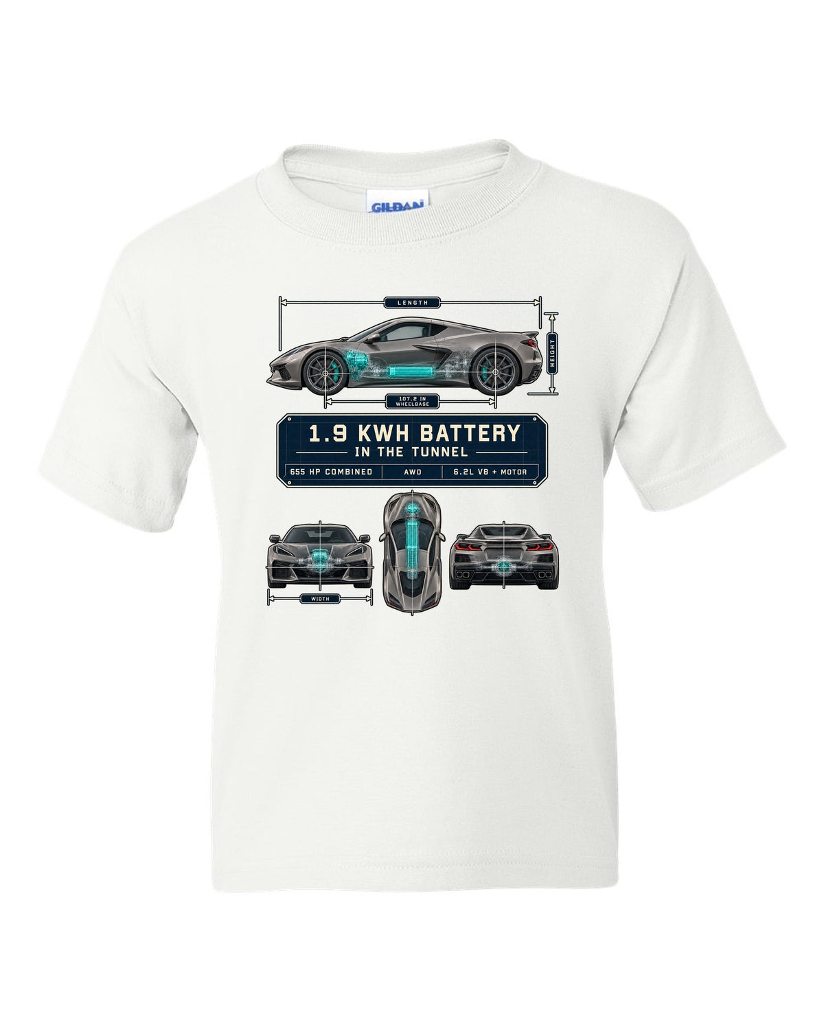 Dimension blueprint print of a Chevrolet Corvette C8 E-Ray with 1.9 kWh battery in the tunnel white kids tee front view with the design