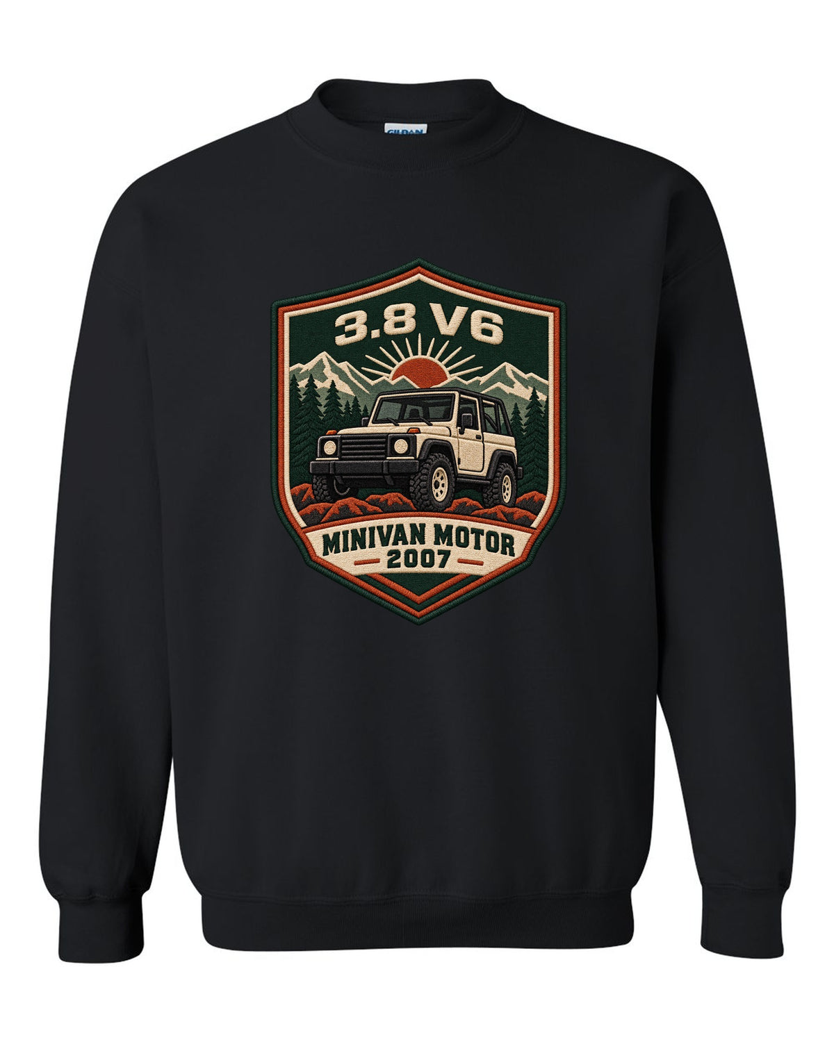 Jeep Wrangler JK varsity crest design with 3.8 V6 minivan motor 2007 text black crewneck front view with the design