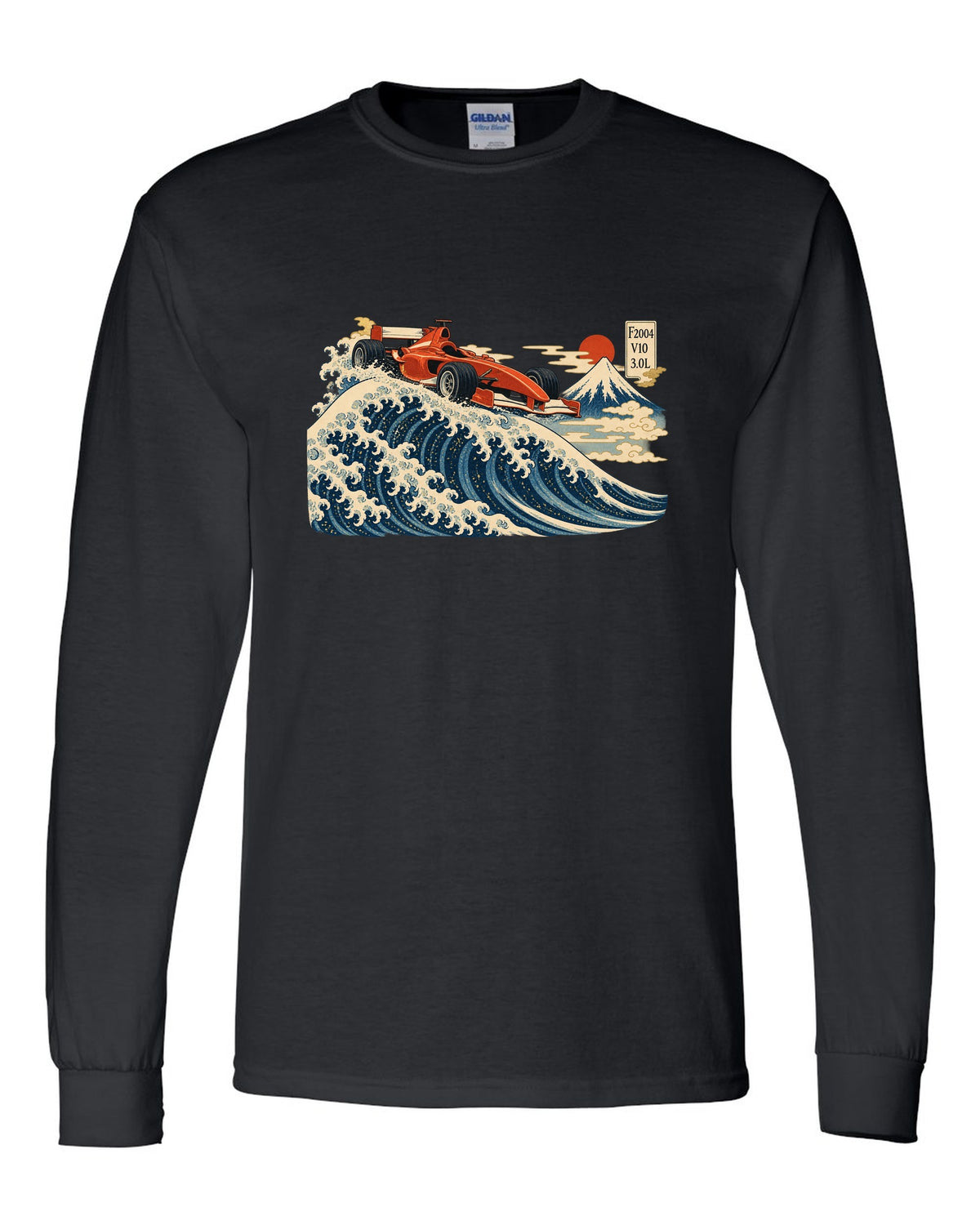 Woodblock print style Ferrari F2004 Formula 1 car in front of a wave with V10 lettering black long sleeve front view with the design