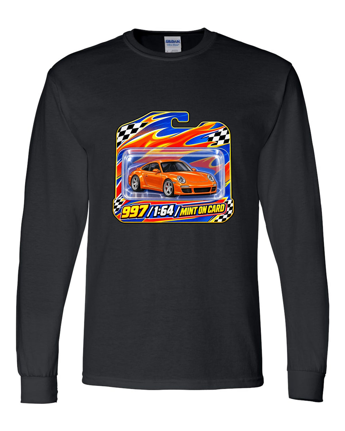 Sticker-bomb collage print of a Porsche 911 996 Carrera with the text 996 IMS never heard of it black long sleeve front view with the design