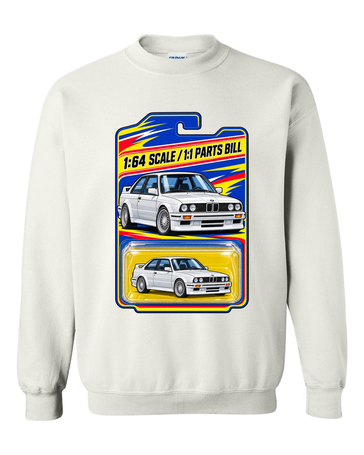 Vaporwave pastel print of a BMW E30 M3 slicktop with roof leaks not included text white crewneck front view with the design