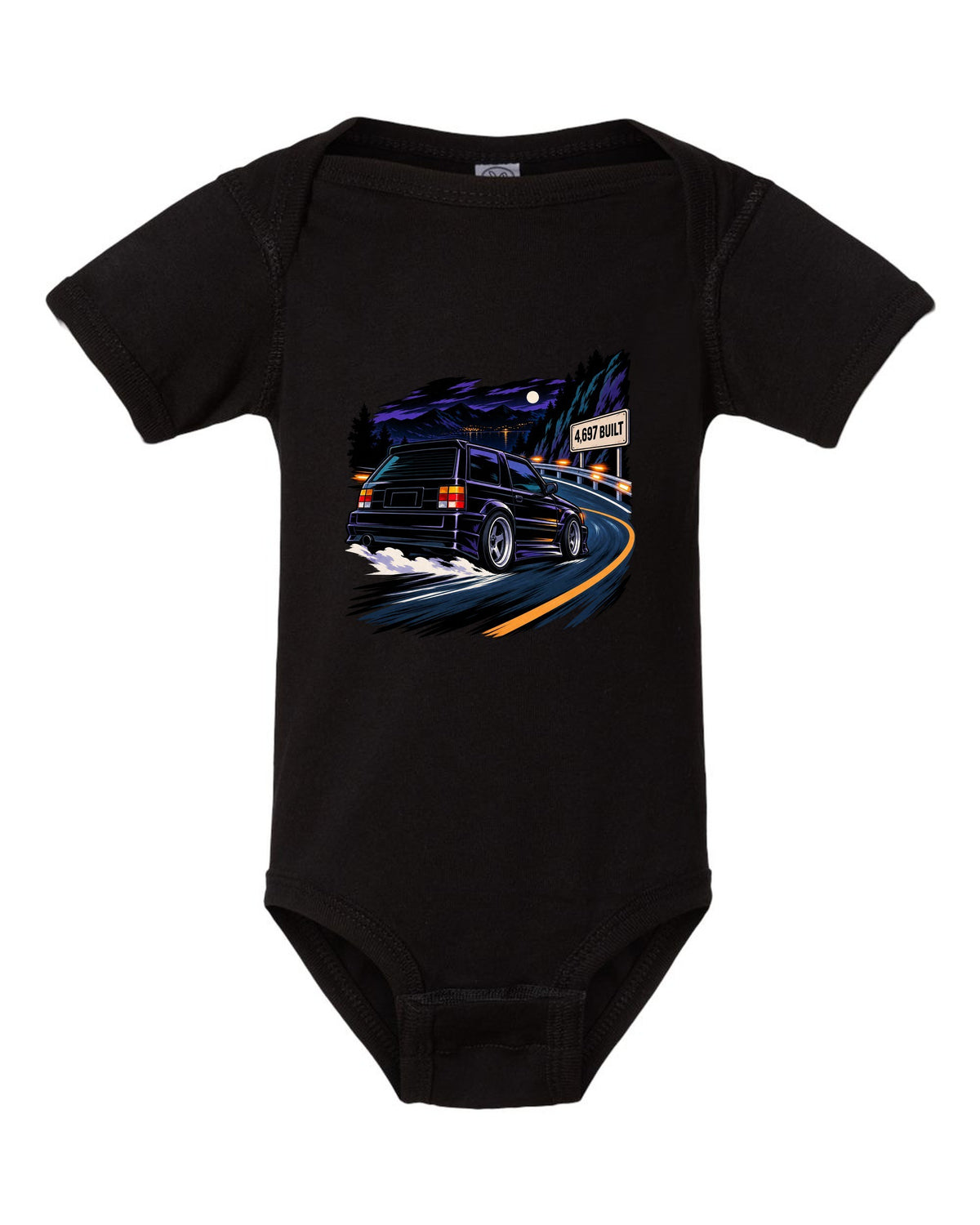 Cel-shaded 90s anime night touge scene with a 1992-93 GMC Typhoon and 4,697 BUILT text black baby onesie front view with the design