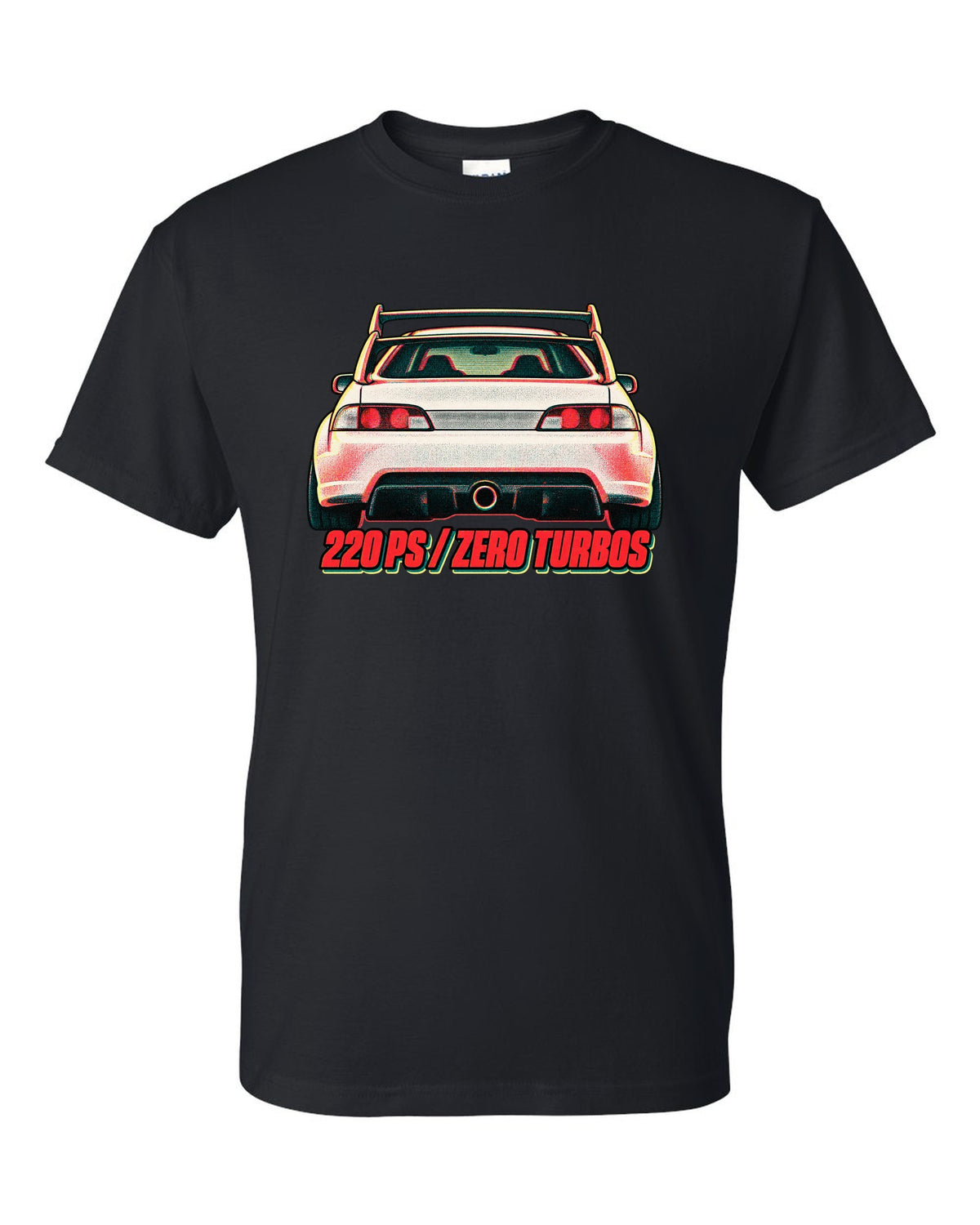 Risograph duotone print of a Honda Integra Type R DC5 with 220 PS zero turbos text black t-shirt front view with the design