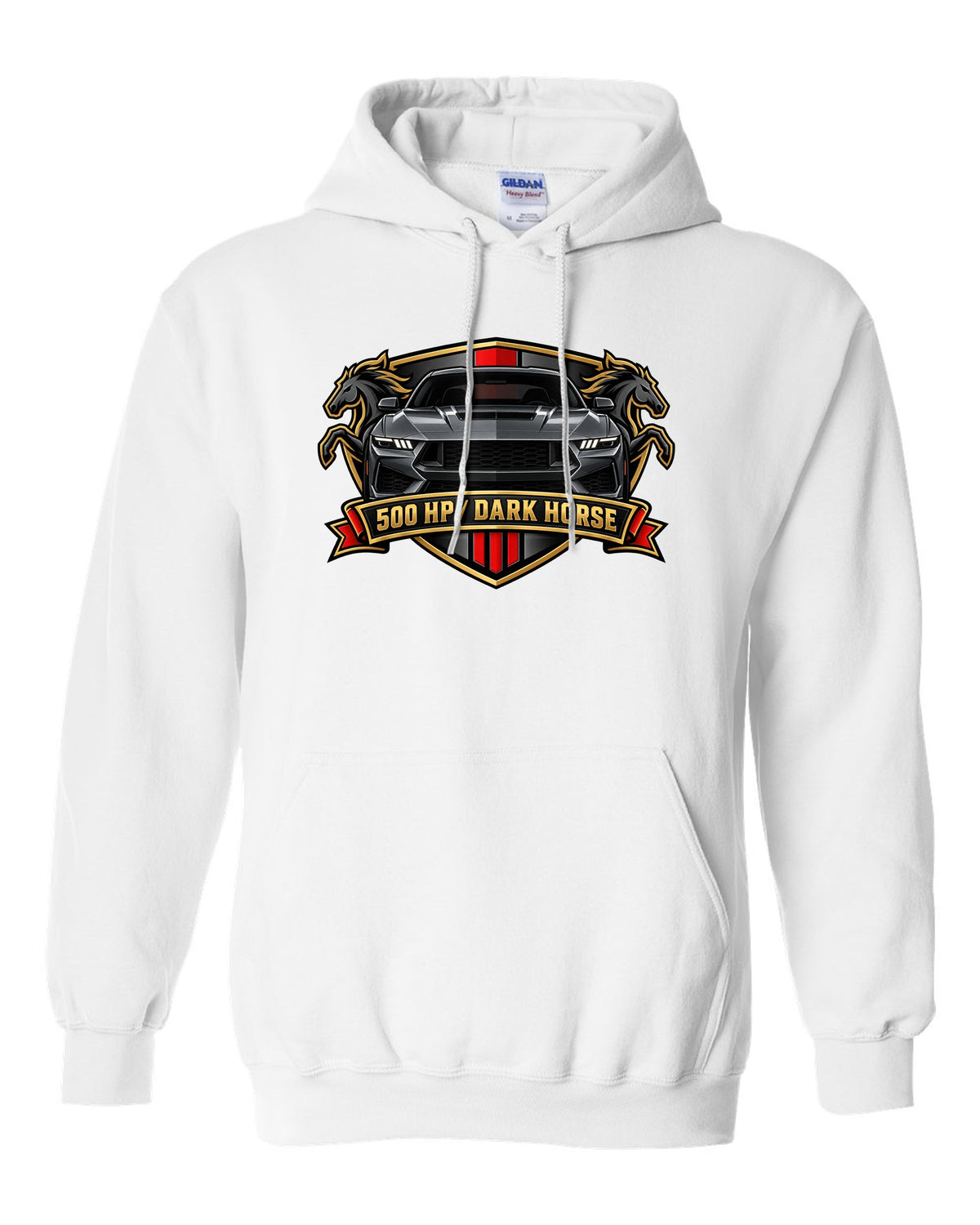 Varsity embroidery-style crest of a 2024 S650 Mustang Dark Horse reading 500 HP white pull over hoodie front view with the design