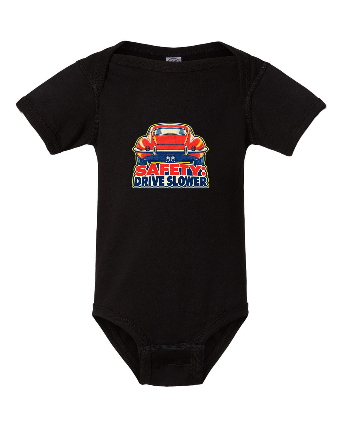 Jaguar E-Type Series 1 risograph print with SAFETY DRIVE SLOWER lettering black baby onesie front view with the design