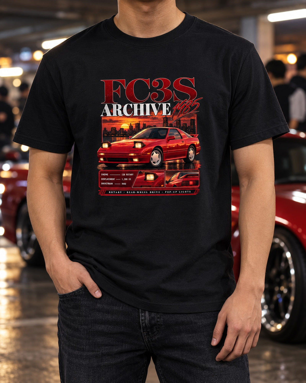 Mazda RX-7 FC3S 1985 Archive Panel Shirt, Pop-Up Lights T-Shirt Black worn hero