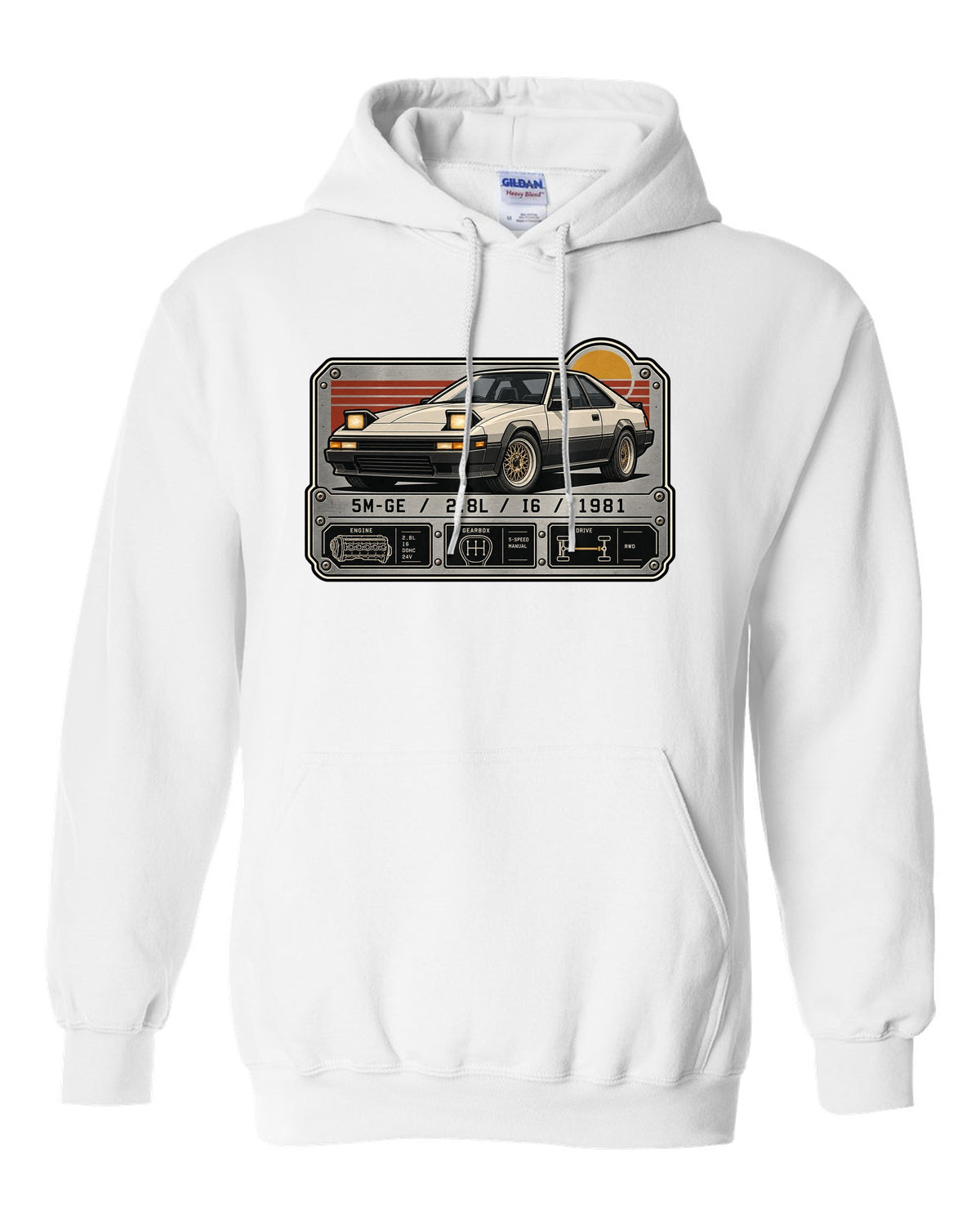 Spec-sheet data plate for the Toyota Supra A60 MA61 5M-GE 2.8L inline six white pull over hoodie front view with the design