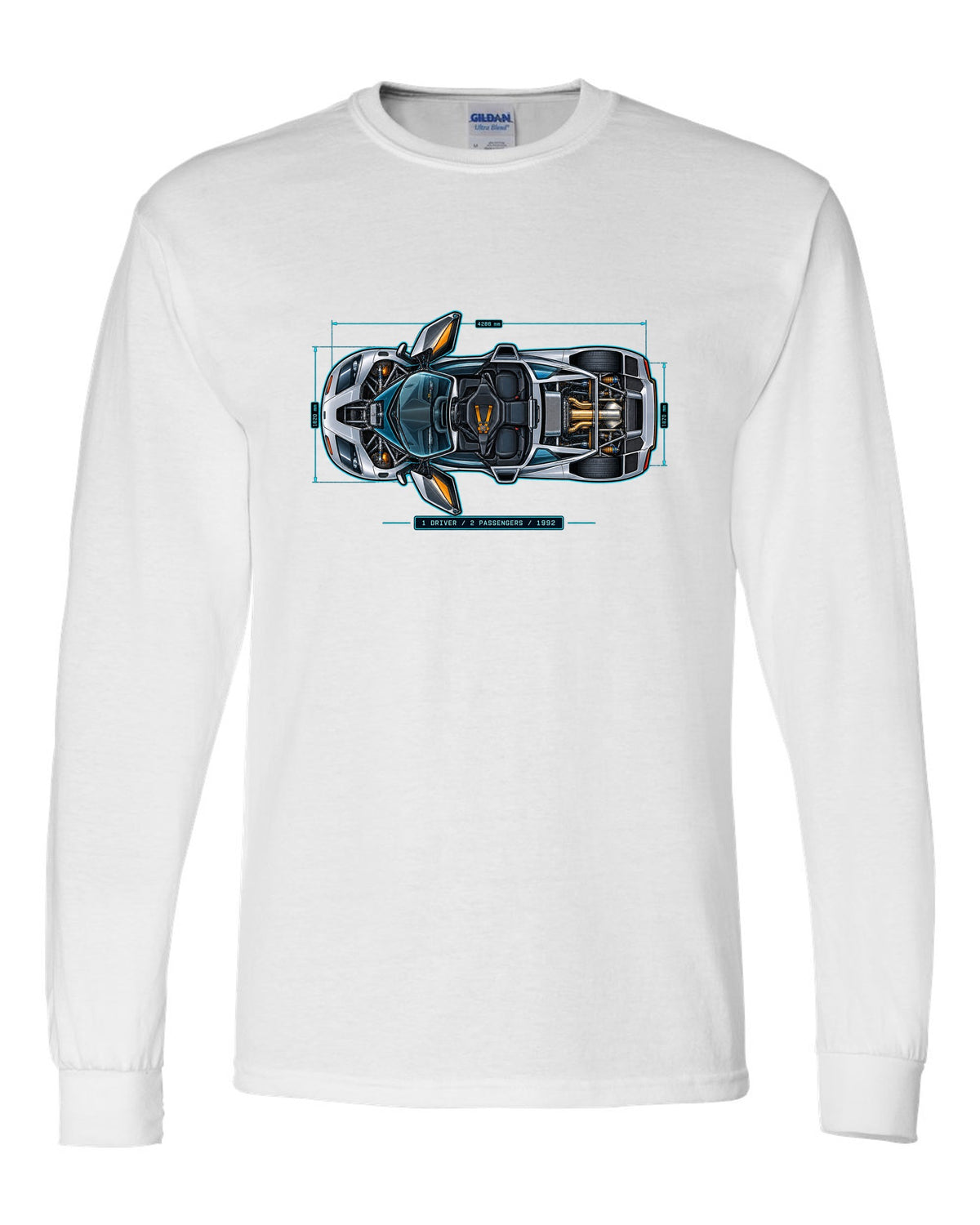 Technical blueprint print of the McLaren F1 with 1 Driver 2 Passengers 1992 lettering white long sleeve front view with the design