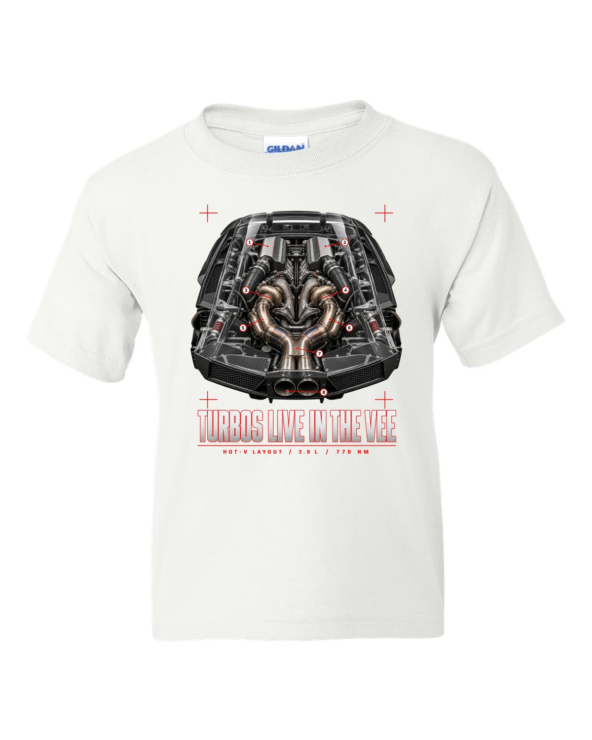 Engine cover callout print of a Ferrari F8 Tributo with hot-V layout, 3.9 L and 770 Nm white kids tee front view with the design