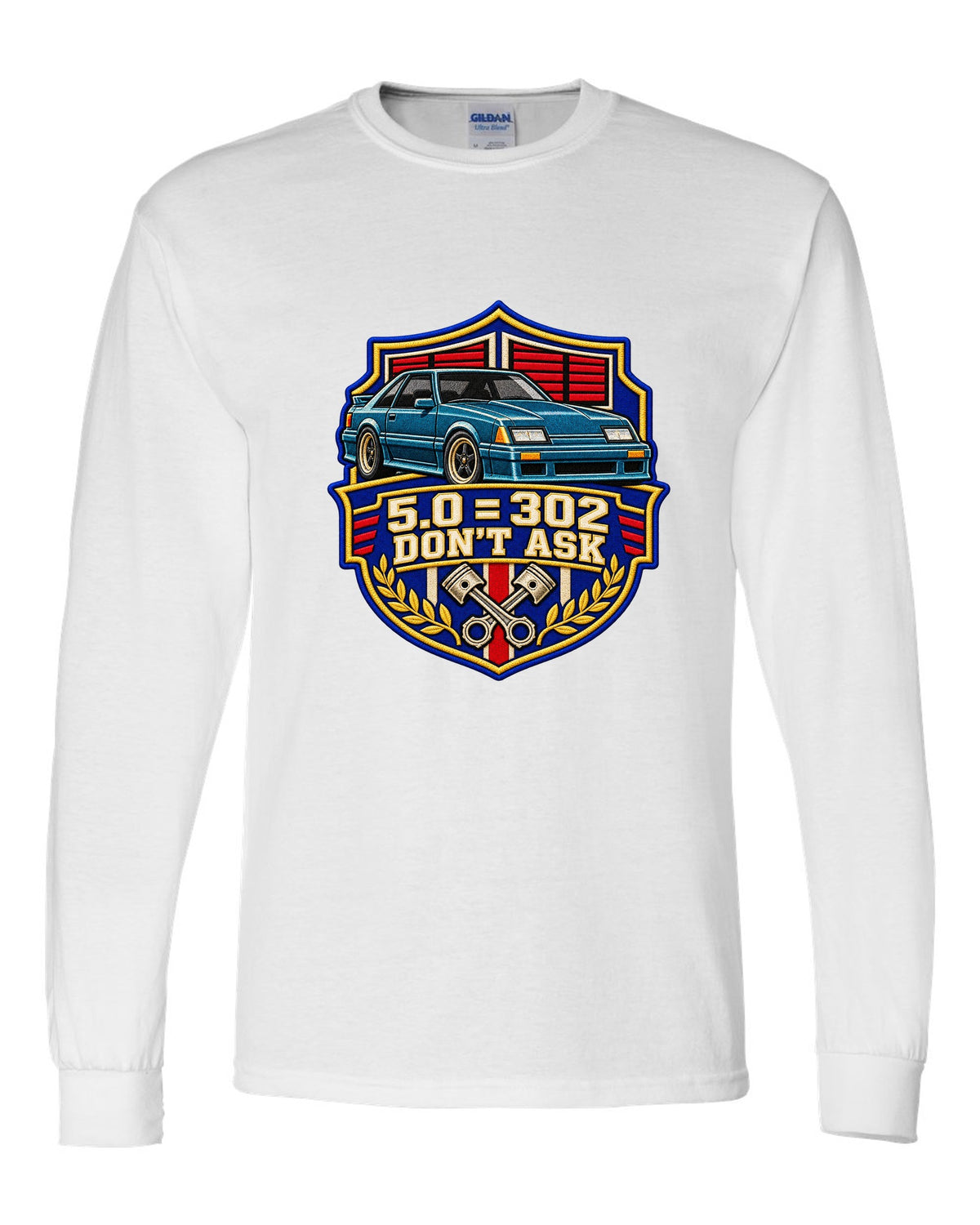 Embroidery-style varsity drag crest print for a Ford Mustang Fox Body chback white long sleeve front view with the design