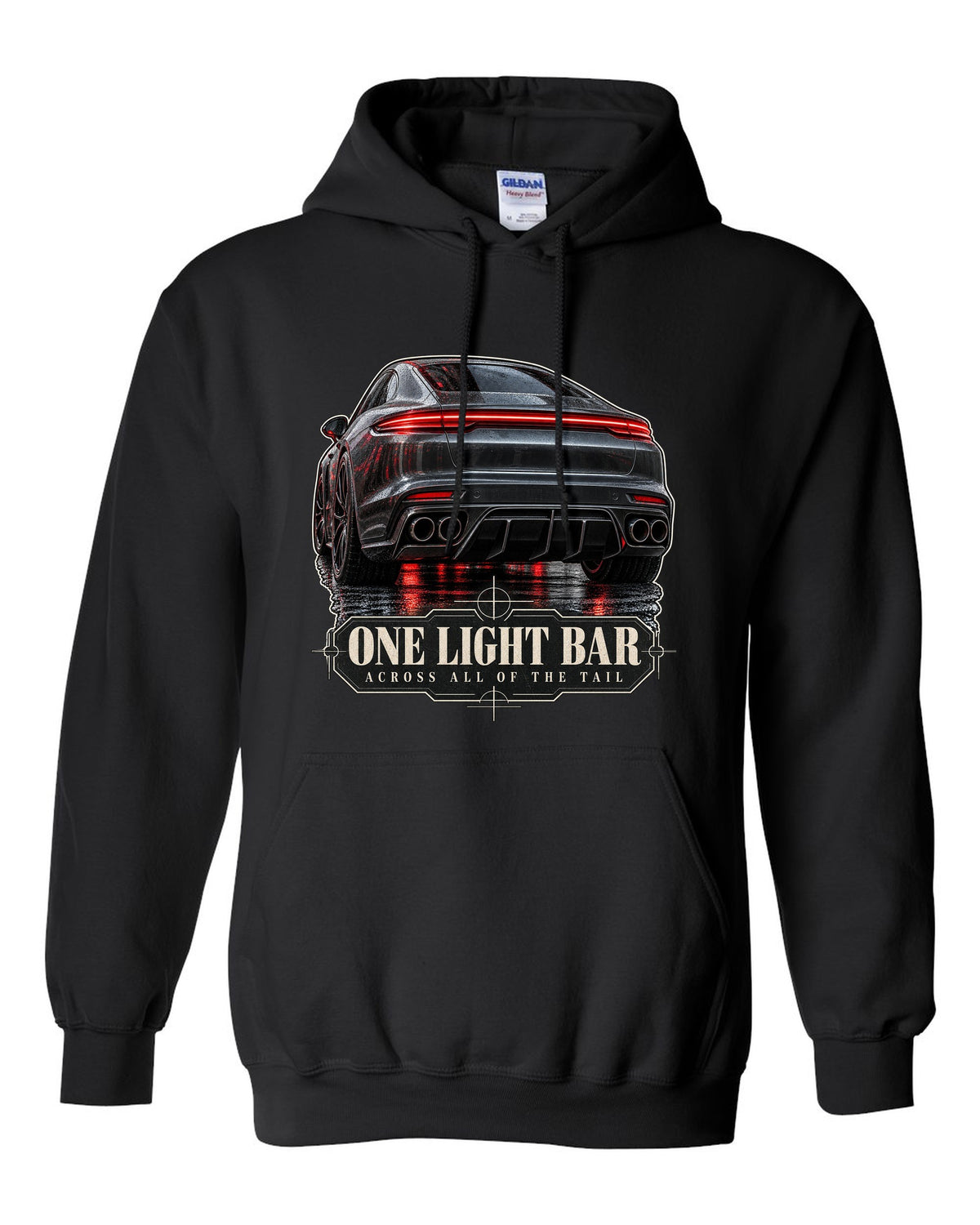 Close crop print of the full-width taillight bar on a Porsche Panamera Turbo S E-Hybrid G3 black pull over hoodie front view with the design