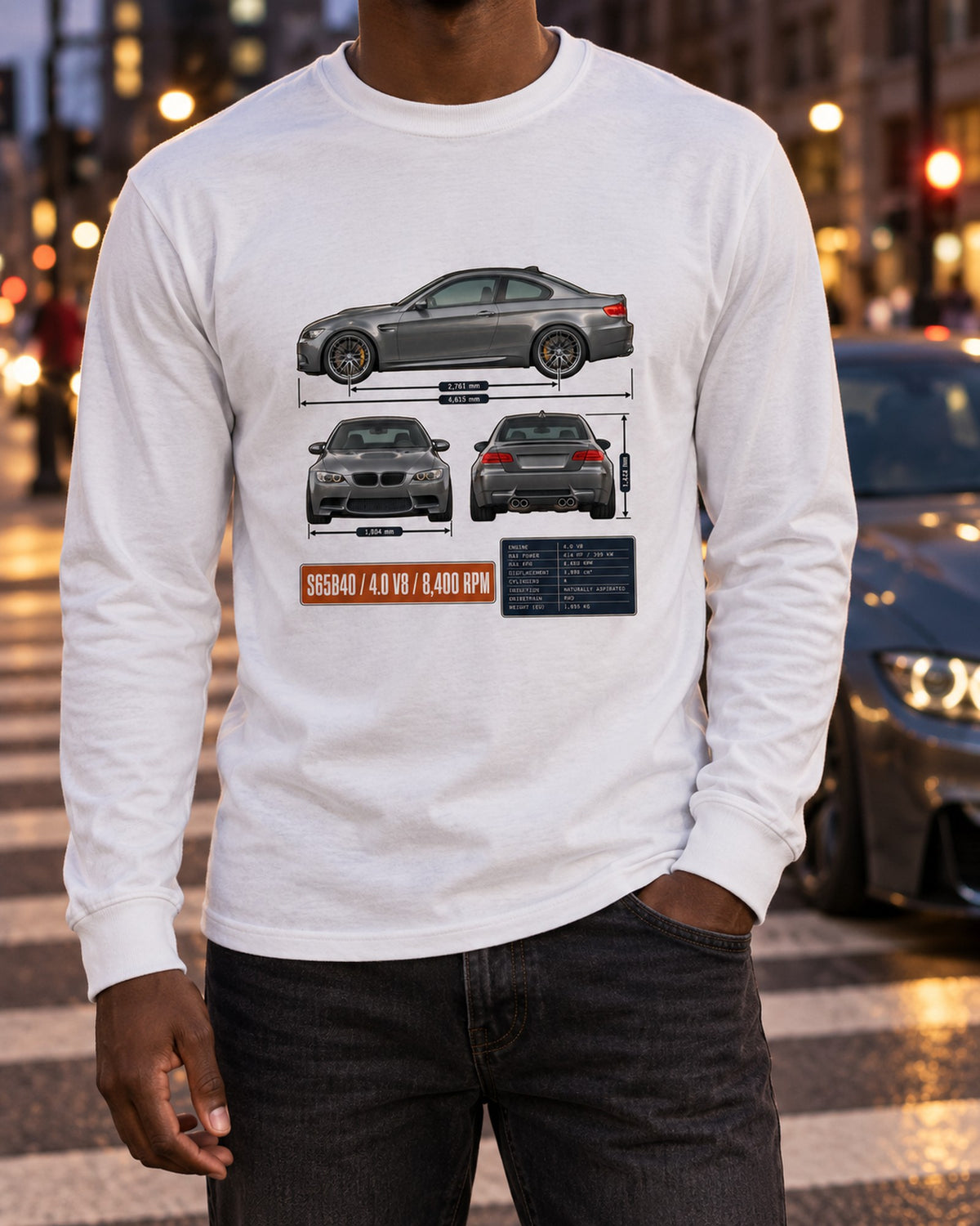 BMW M3 E92 V8 Three-View Spec Table Tee Long Sleeve White worn hero