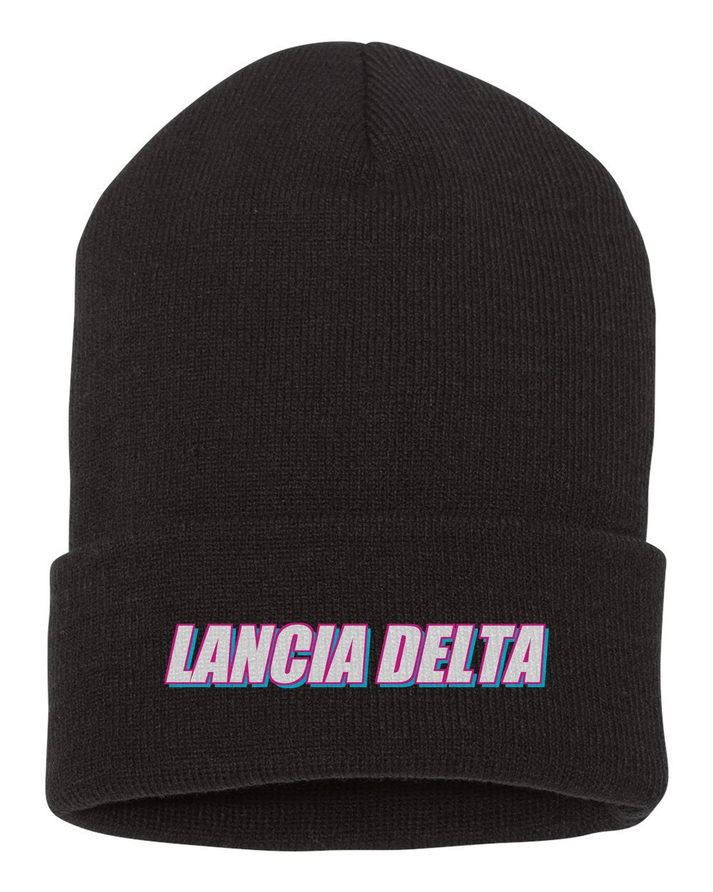 Lancia Delta black beanie front view with car name