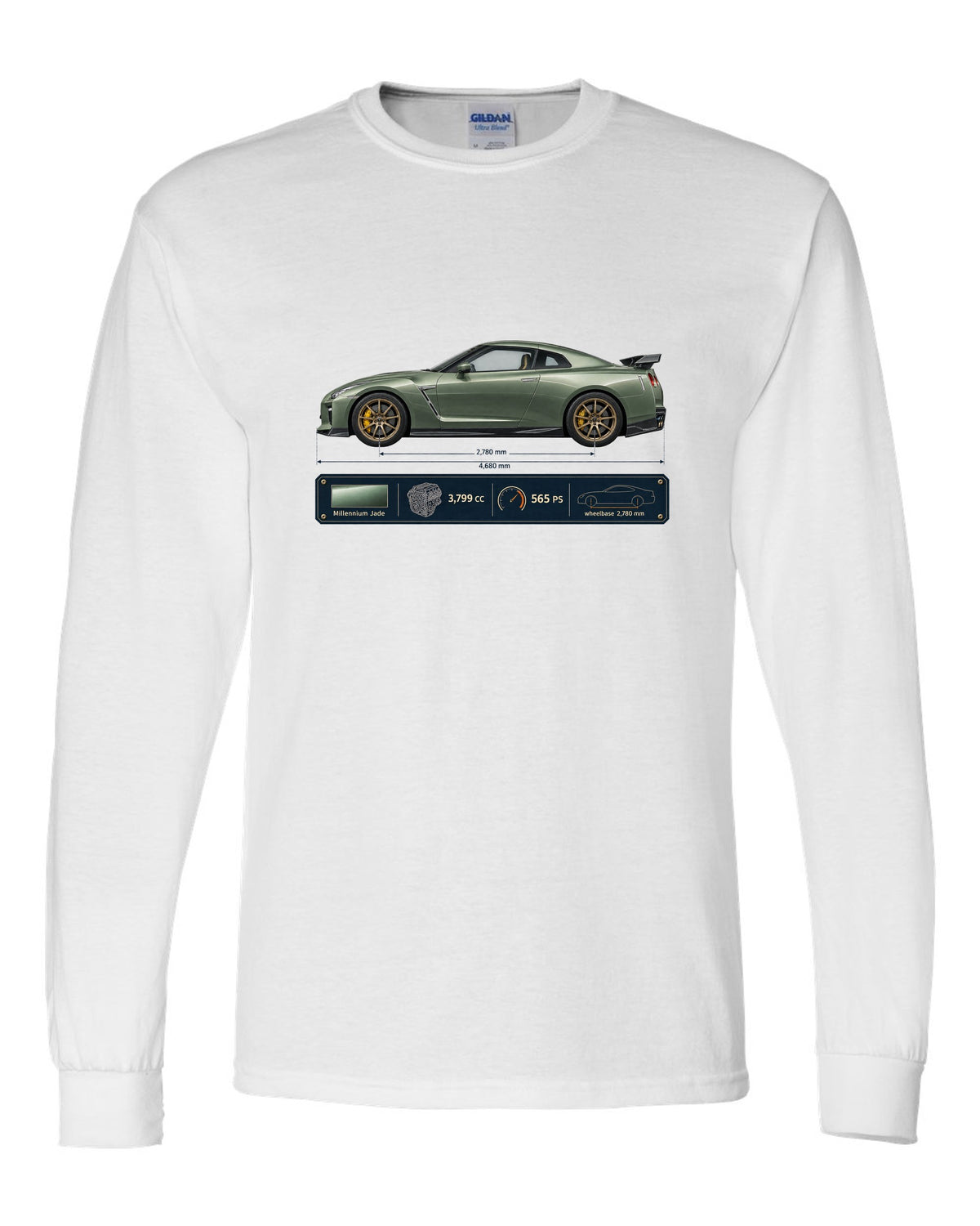 Nissan GT-R R35 T-spec Millennium Jade blueprint print white long sleeve front view with the design