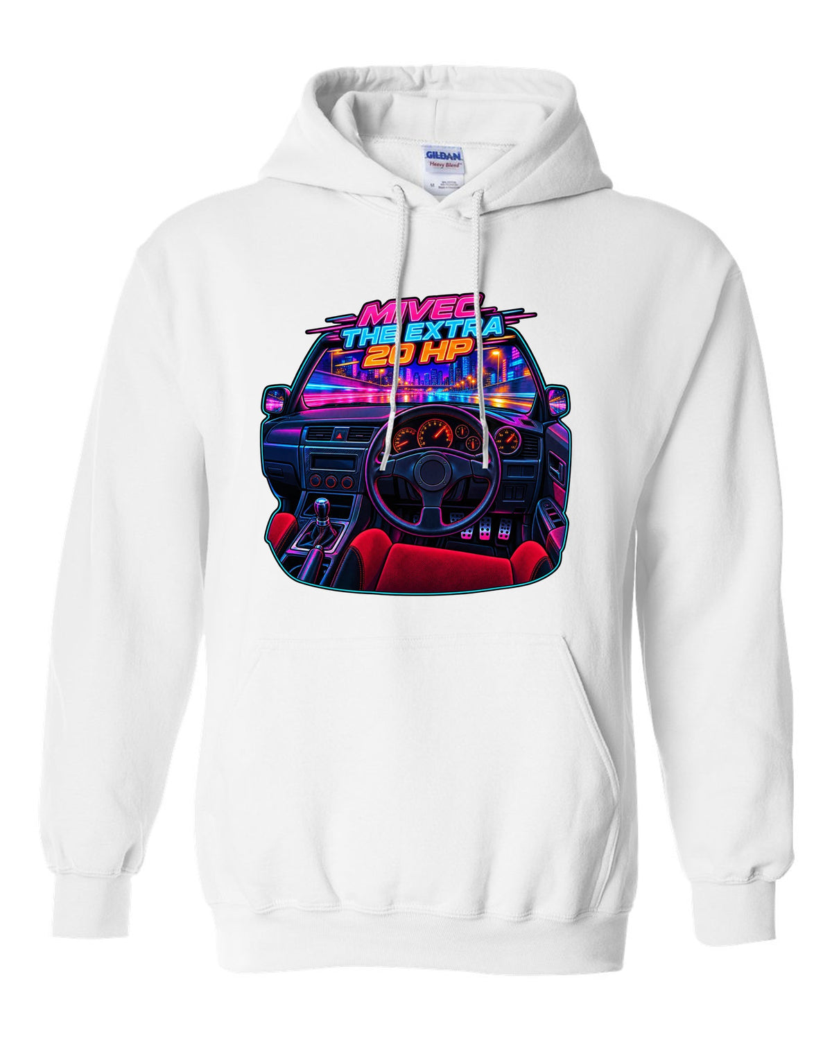 Neon cyberpunk gauge cluster cockpit of a Mitsubishi Lancer Evolution IX MR white pull over hoodie front view with the design