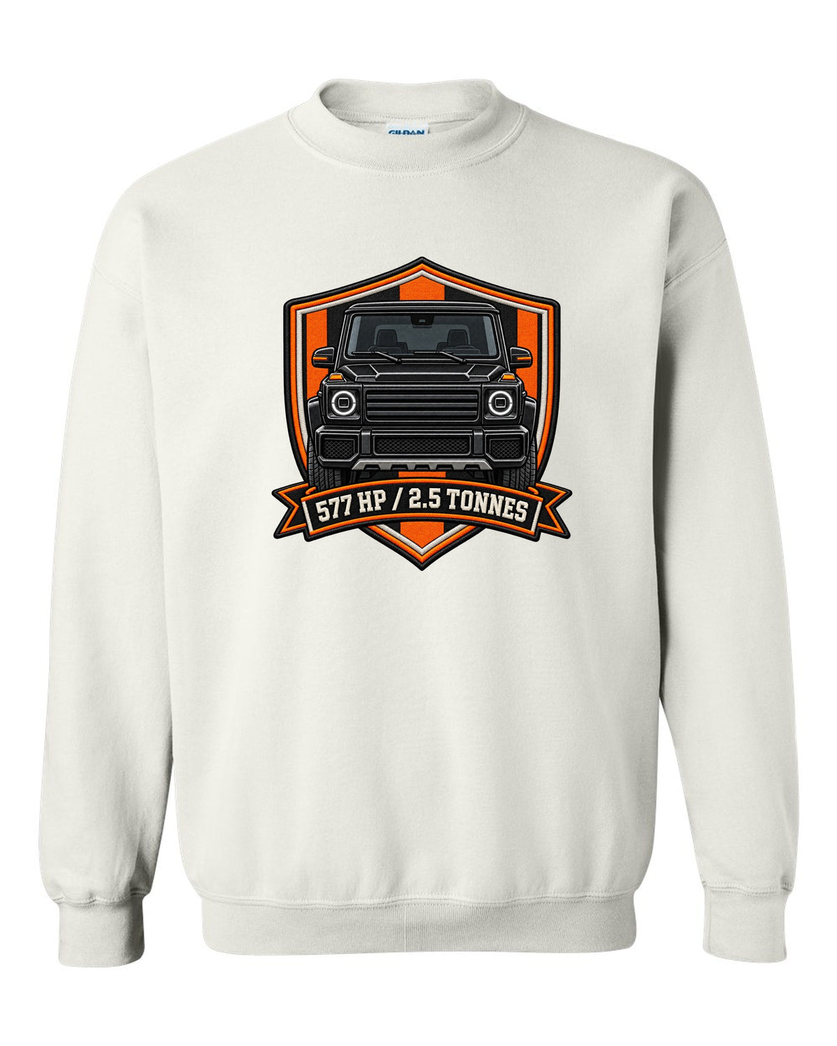 Ukiyo-e woodblock wave graphic with a boxy Mercedes G-Class W463, print white crewneck front view with the design