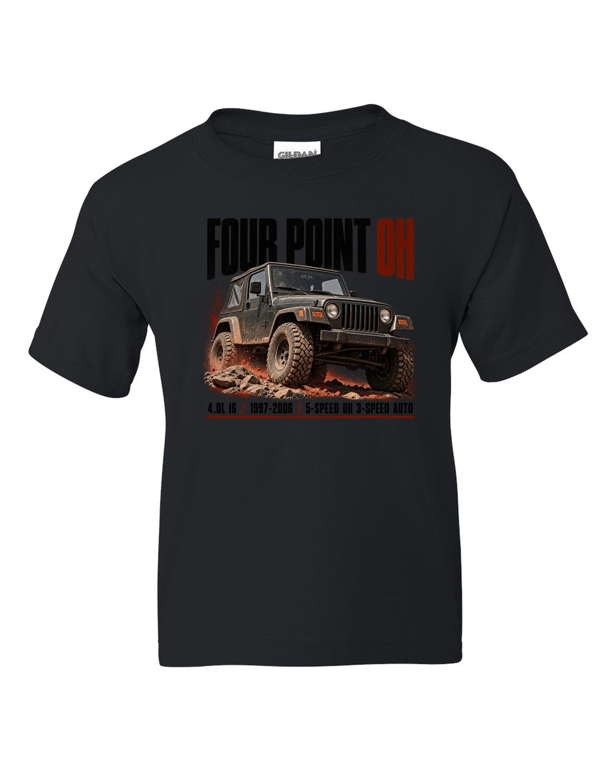 Halftone print for the Jeep Wrangler TJ 4.0L I6, 1997-2006 black kids tee front view with the design