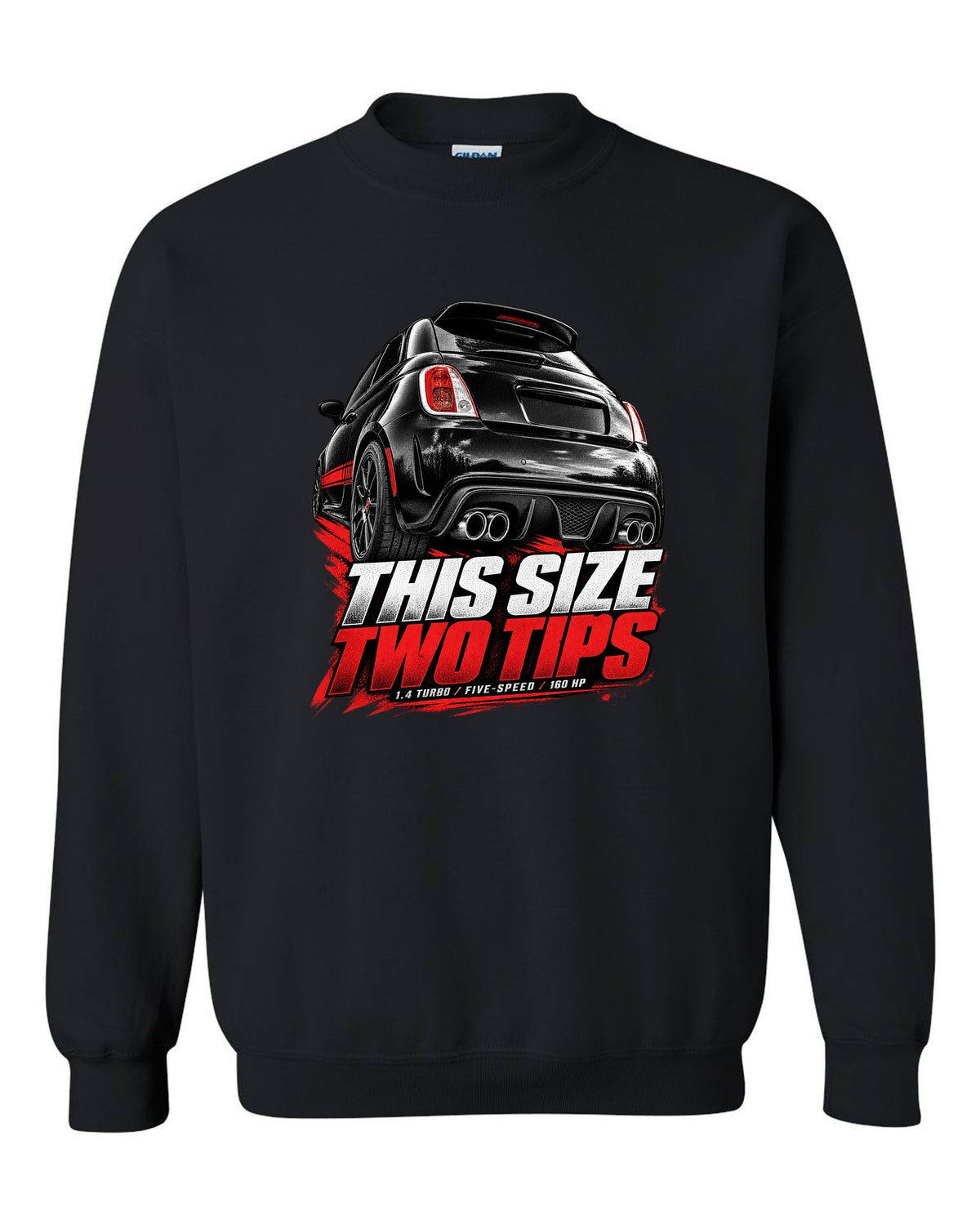 Low rear crop of a US Fiat 500 Abarth exhaust and diffuser on a print black crewneck front view with the design