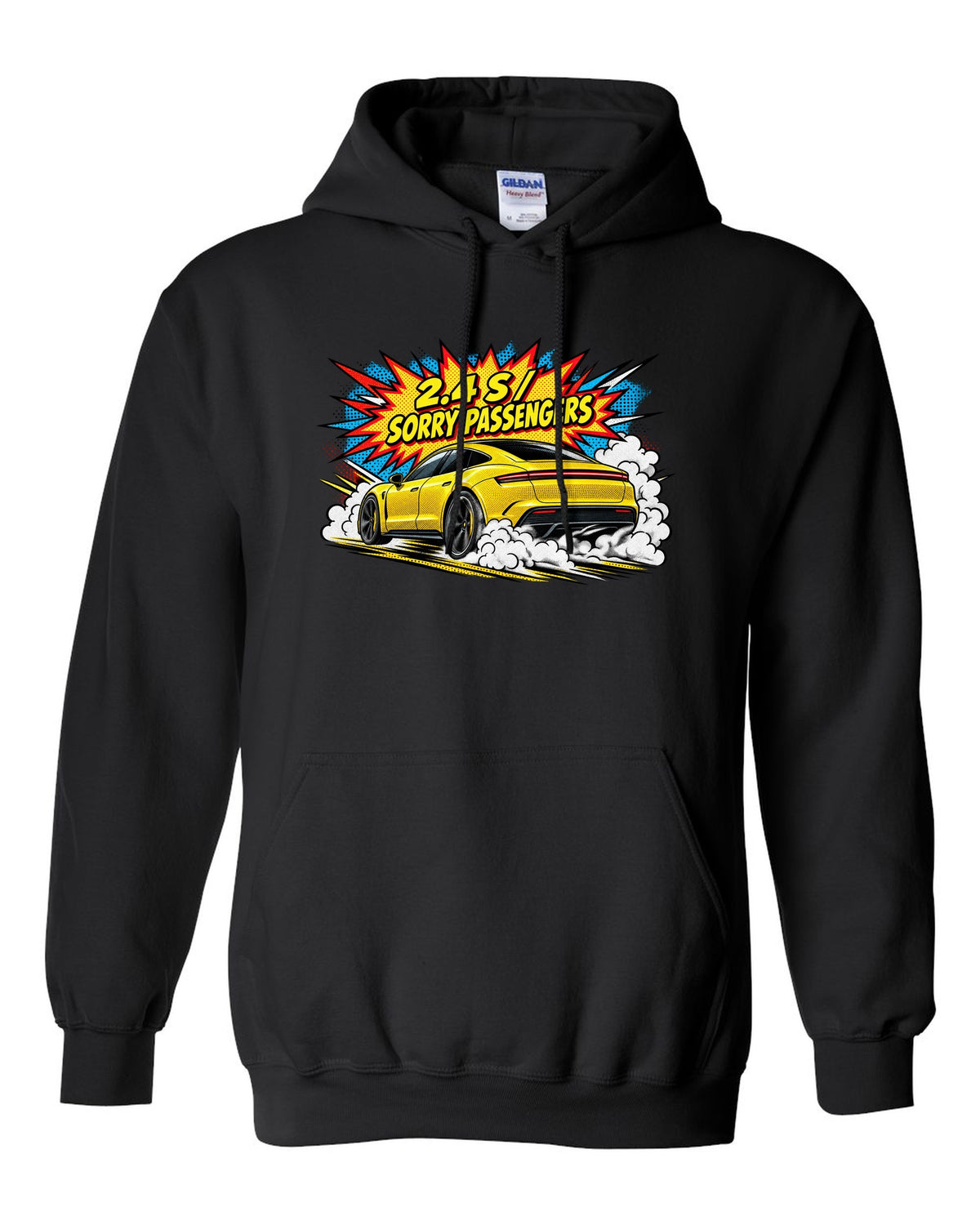 Porsche Taycan Turbo S 9J1 comic halftone pop-art launch print with the text 2.4 s sorry passengers black pull over hoodie front view with the design