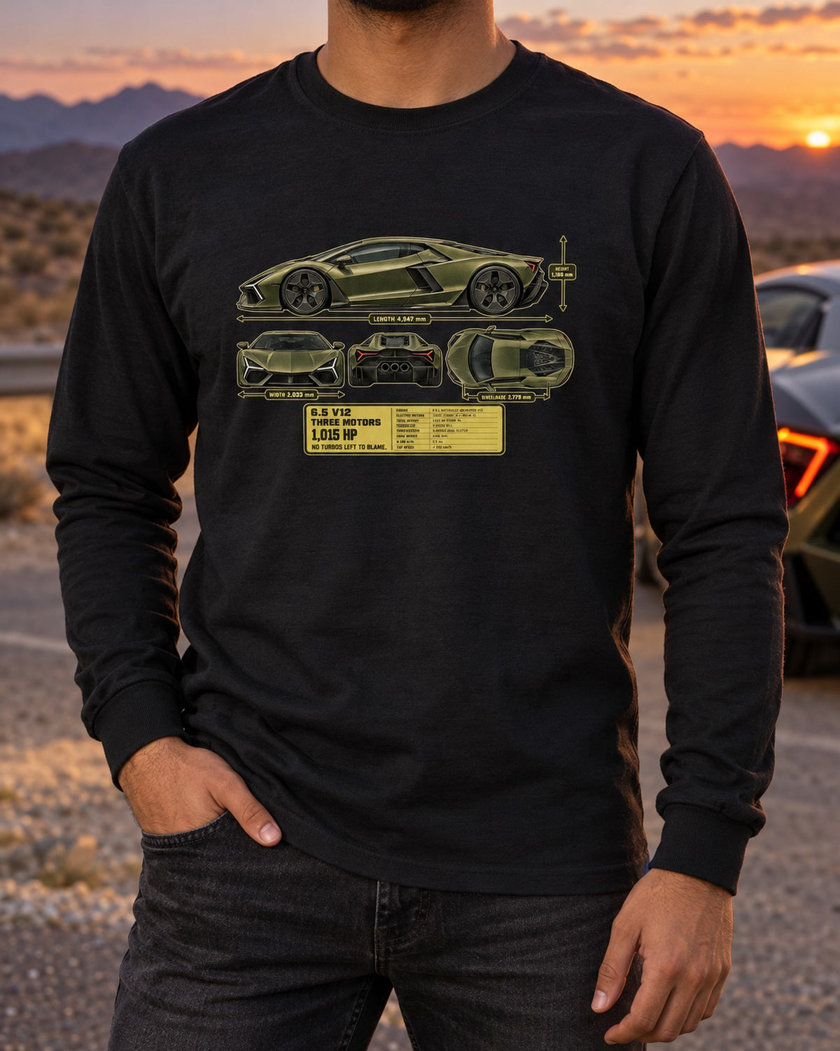 Lamborghini Revuelto Dimension Blueprint Shirt, V12 Hybrid Tee Long Sleeve Black worn hero