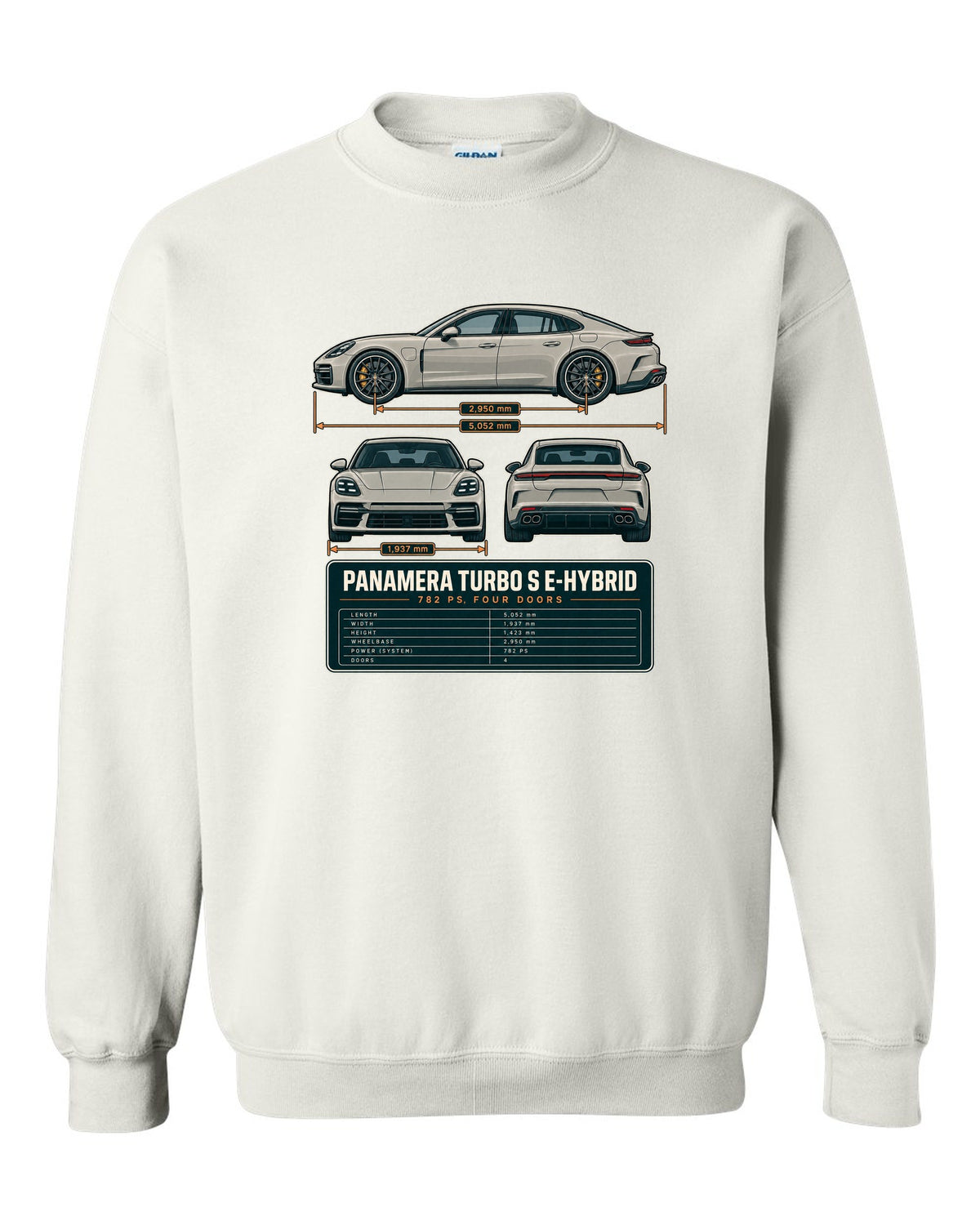 Three-view print of a Porsche Panamera Turbo S E-Hybrid G3 with 782 PS spec table white crewneck front view with the design