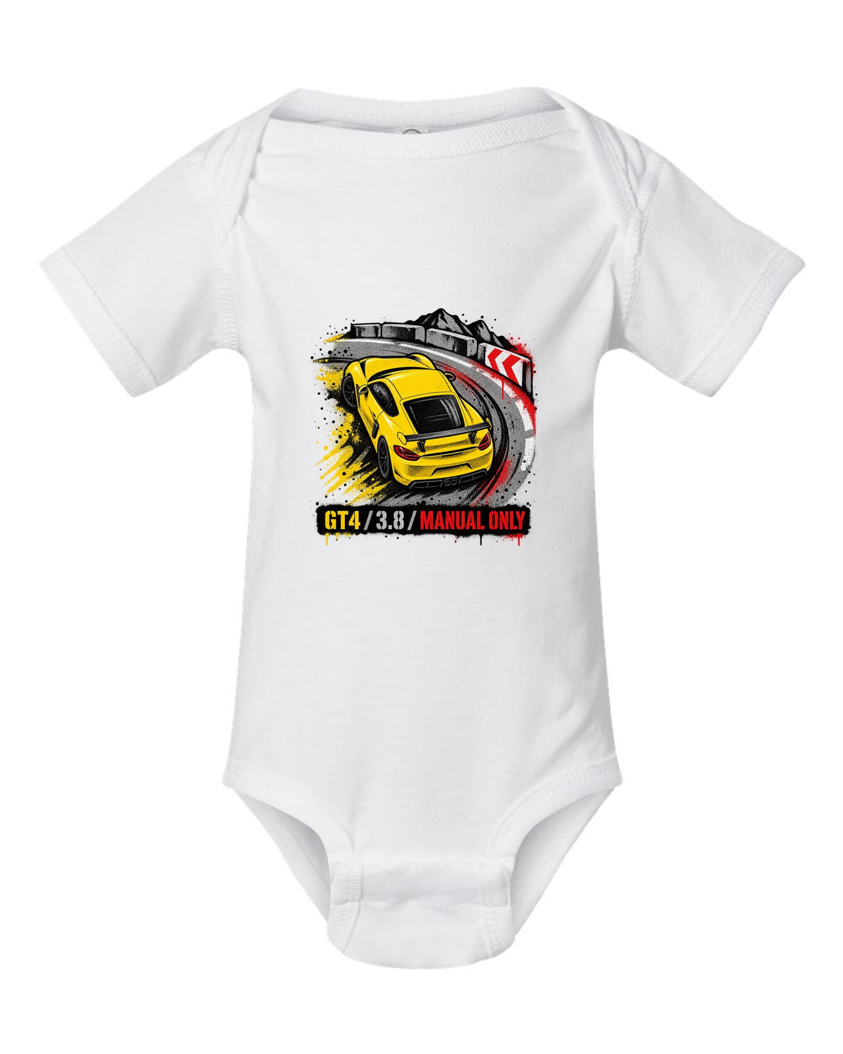 Engraved tachometer illustration for the Porsche 911 GT3 RS 991.2 white baby onesie front view with the design