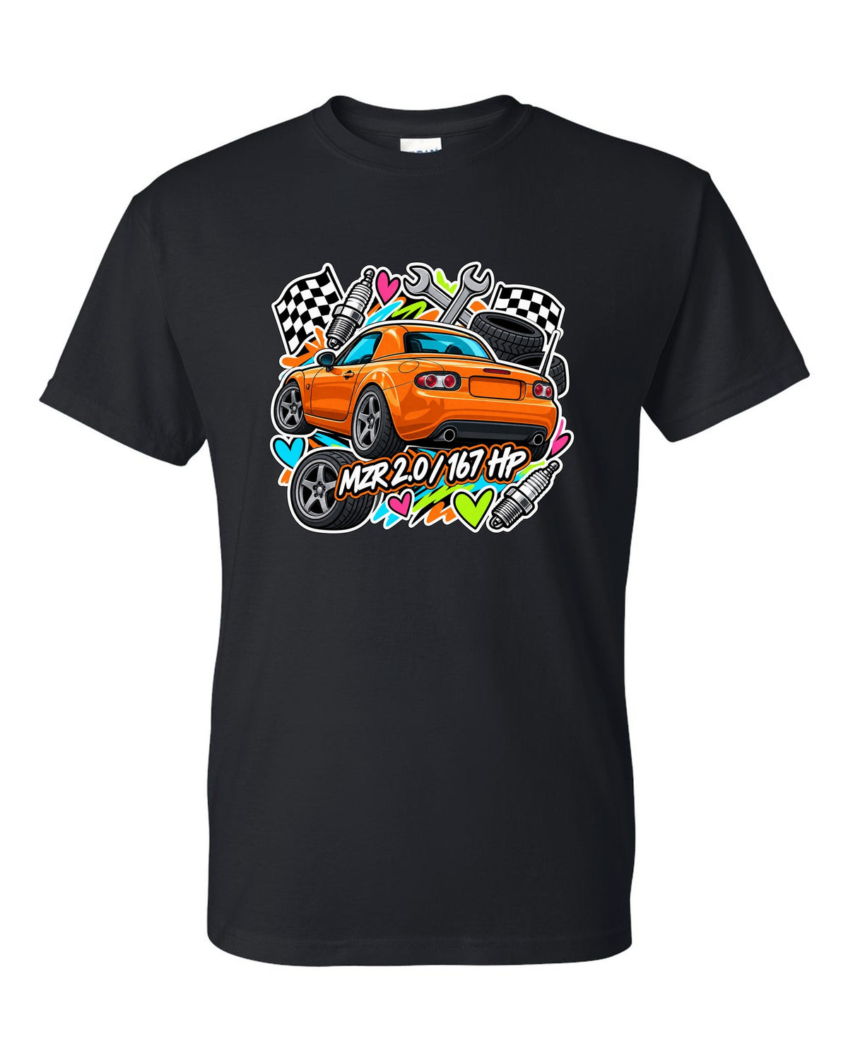 Mazda MX-5 NA6CE Cyanotype Blueprint black t-shirt front view with the design