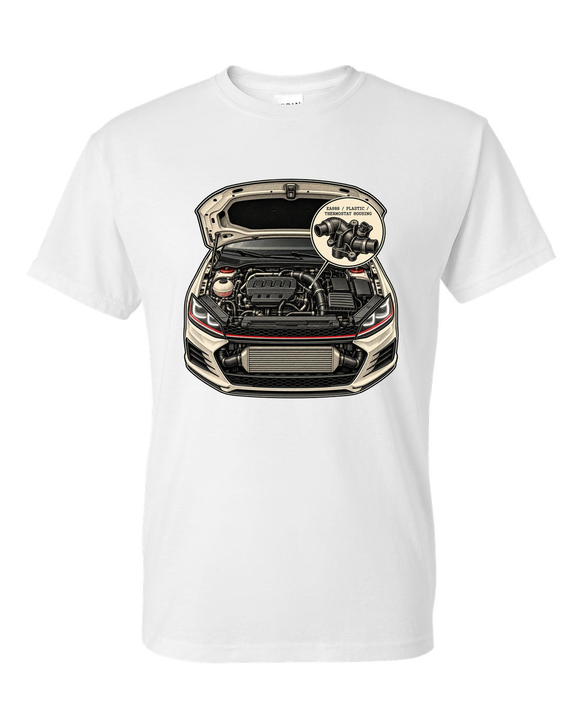 Patent line art of a VW Golf Mk7 GTI engine bay labelled EA888 plastic thermostat housing white t-shirt front view with the design