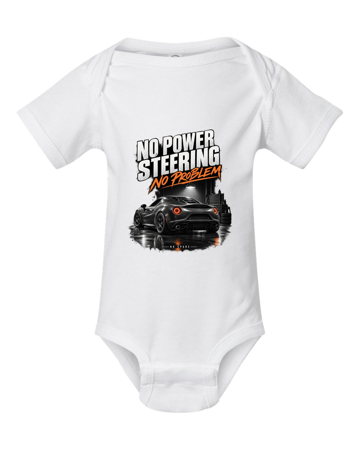 Garage night print of an Alfa Romeo 4C with no power steering no spare text white baby onesie front view with the design