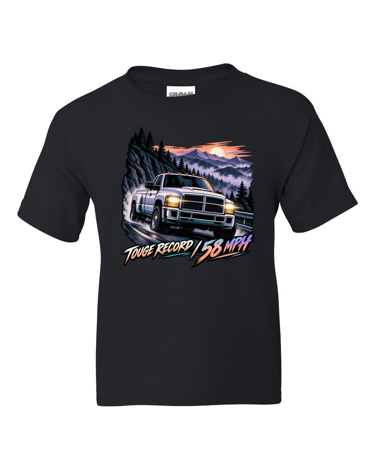 Cel-shaded anime night touge print of a 1994-1998 Dodge Ram 2500 12V Cummins black kids tee front view with the design