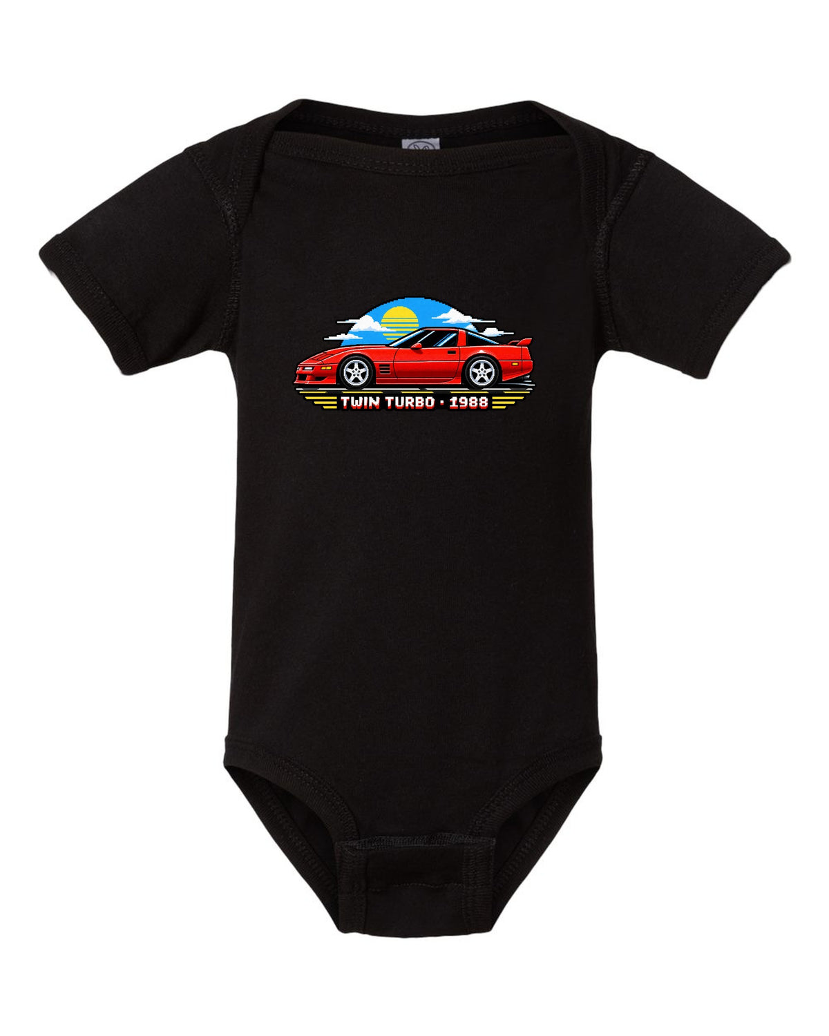 16-bit pixel art of a 1988 C4-based twin-turbo Corvette with pop-up headlights black baby onesie front view with the design