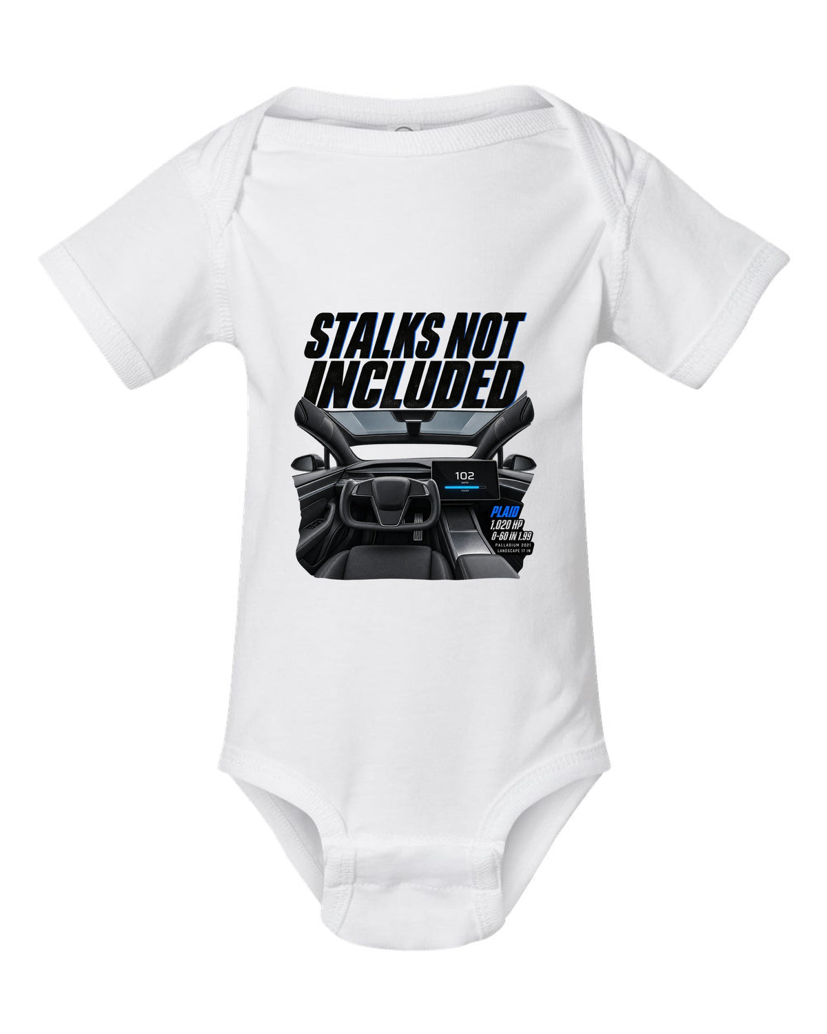 Cockpit print of a 2021 Tesla Model S Plaid Palladium with yoke and landscape screen white baby onesie front view with the design