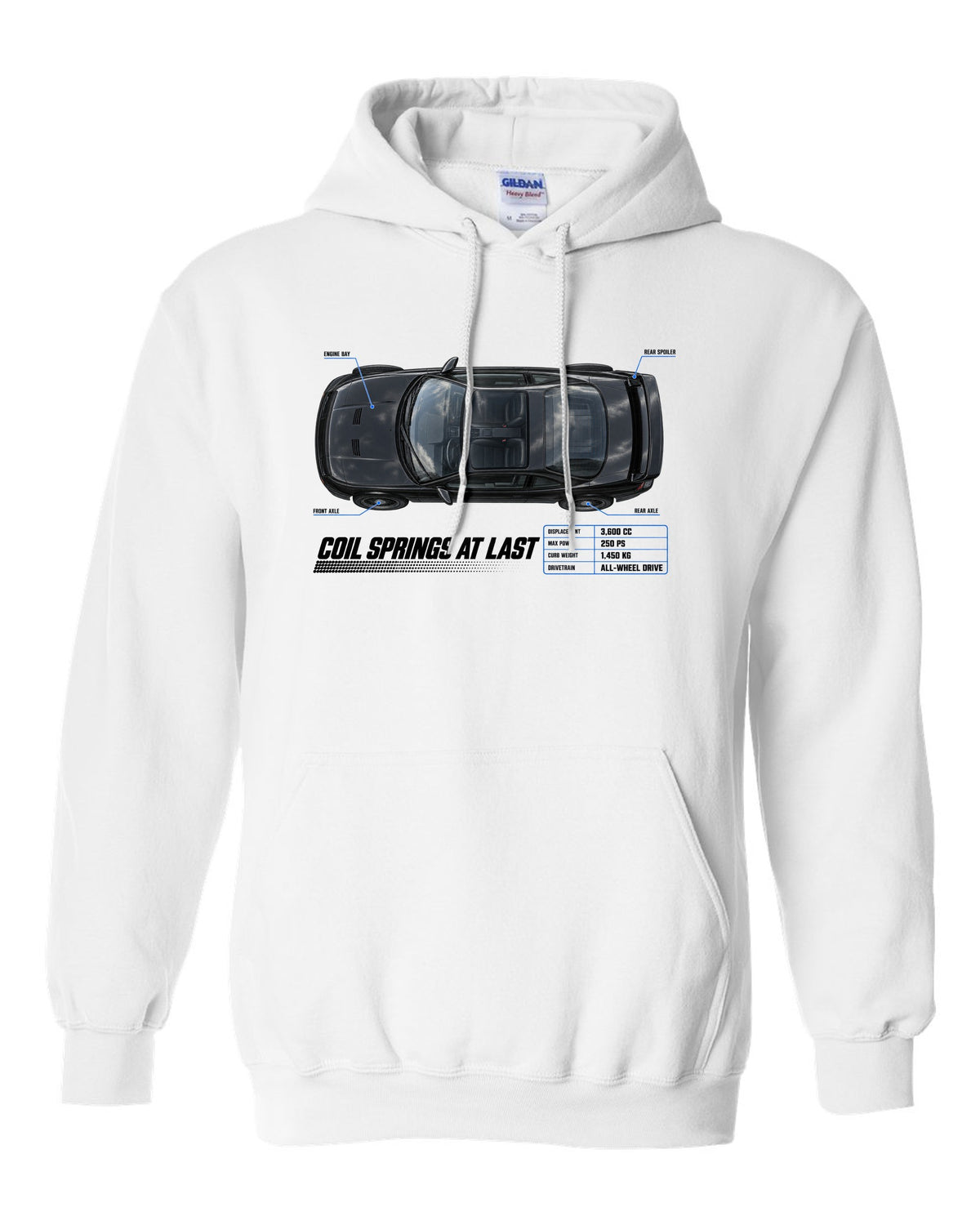 Top-down spec poster print of a Porsche 911 Carrera 4 (964) with the headline Coil Springs At Last white pull over hoodie front view with the design