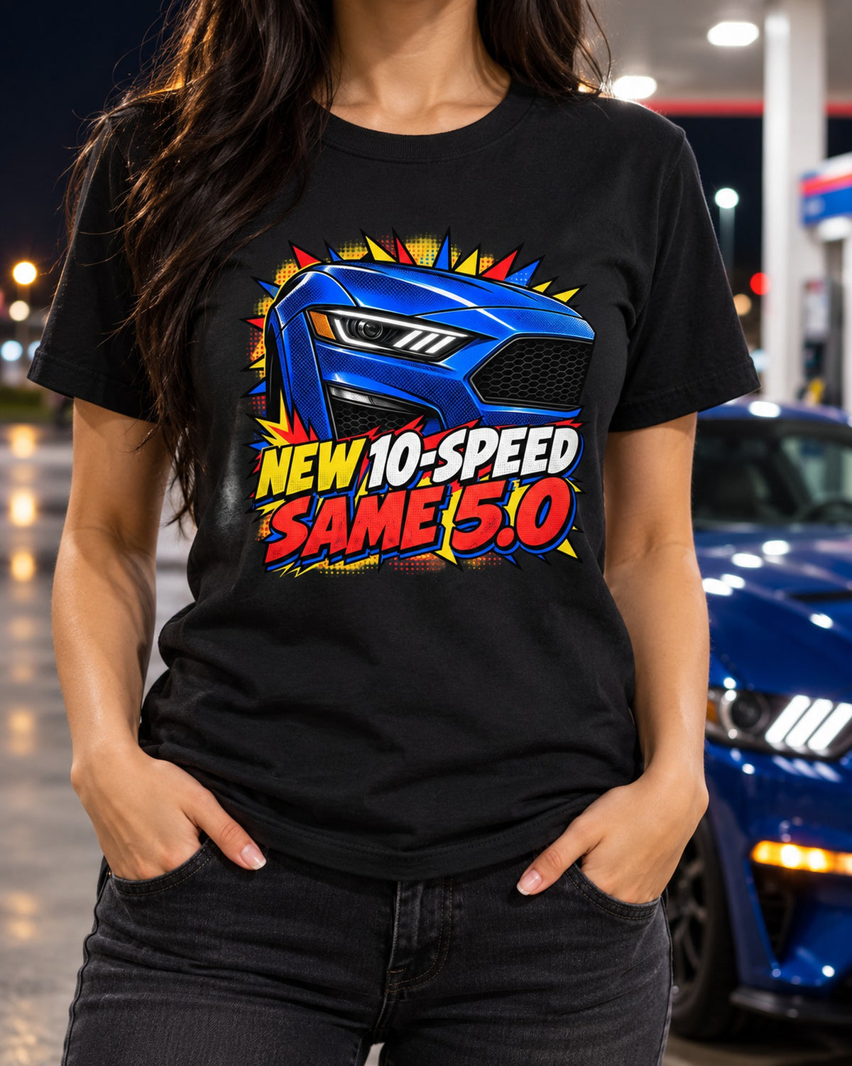 Ford Mustang S550 GT Facelift Comic Pop-Art Shirt, Car Guy Gift T-Shirt Black worn hero