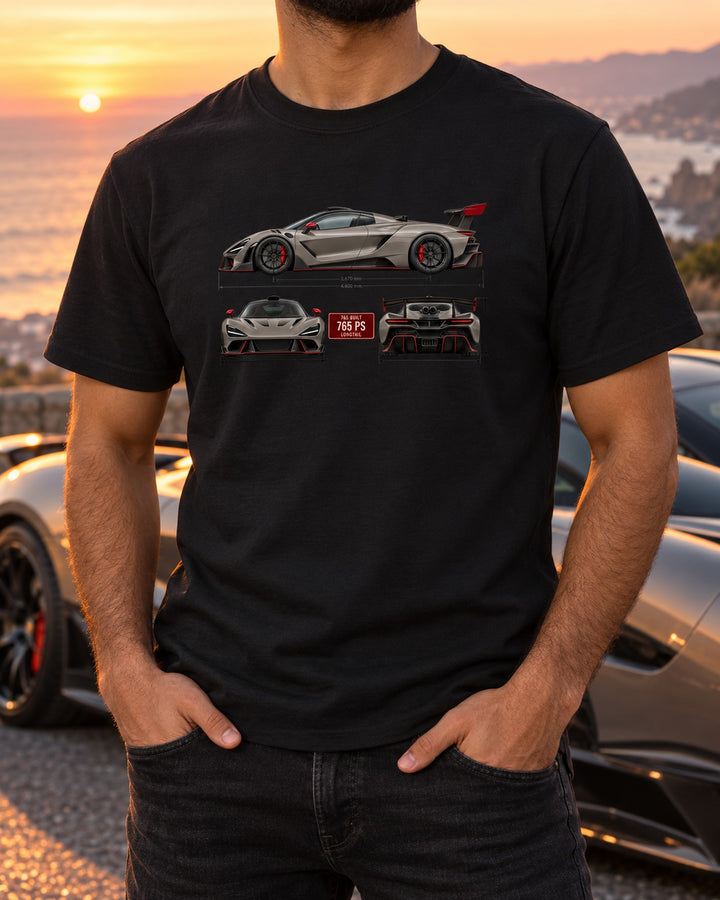 McLaren 765LT Three-View Spec Tee, 765 PS Longtail Gift T-Shirt Black worn hero