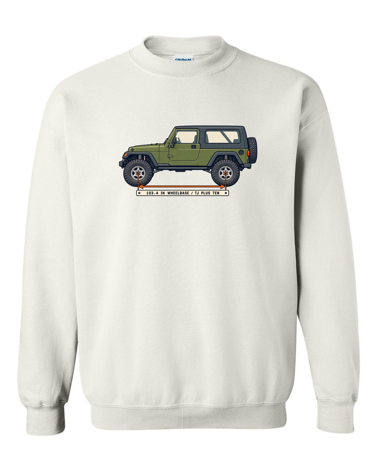 Patent-style line drawing of a Jeep Wrangler LJ Unlimited with 103.4 IN WHEELBASE TJ PLUS TEN lettering white crewneck front view with the design