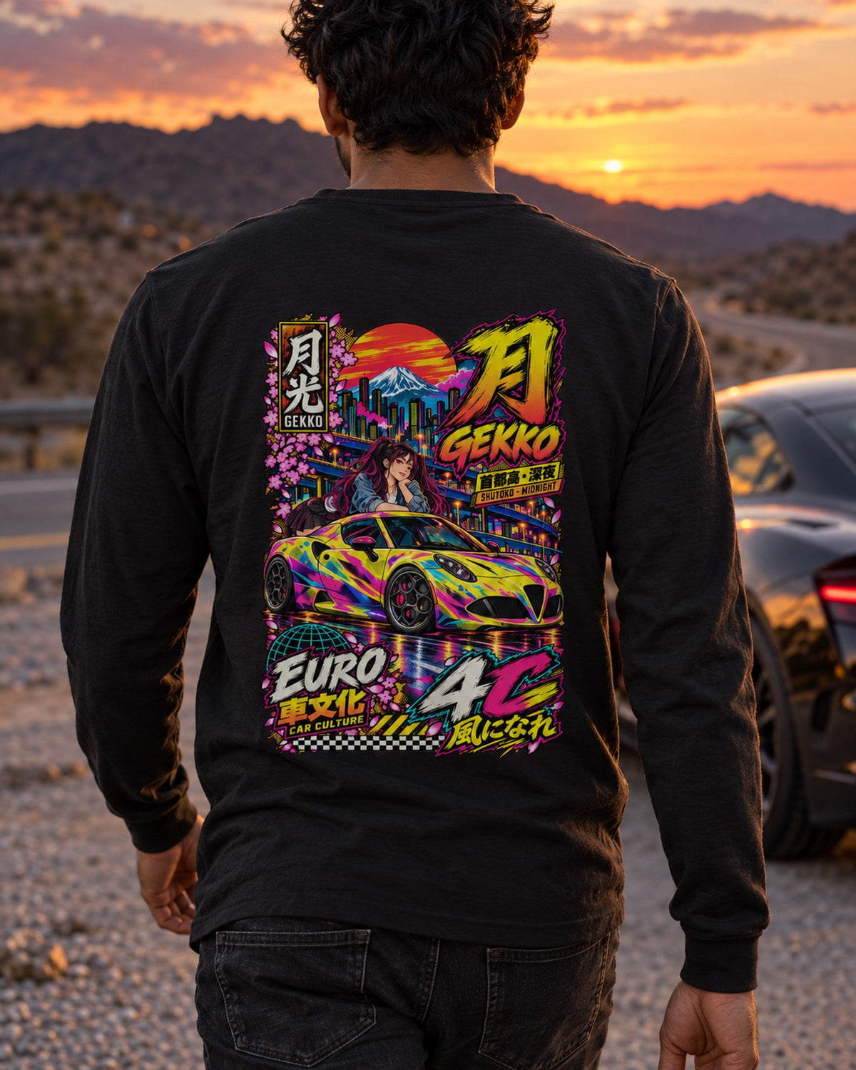 GEKKO 4C Anime Girl Full-Back Graphic Tee Long Sleeve Black worn hero