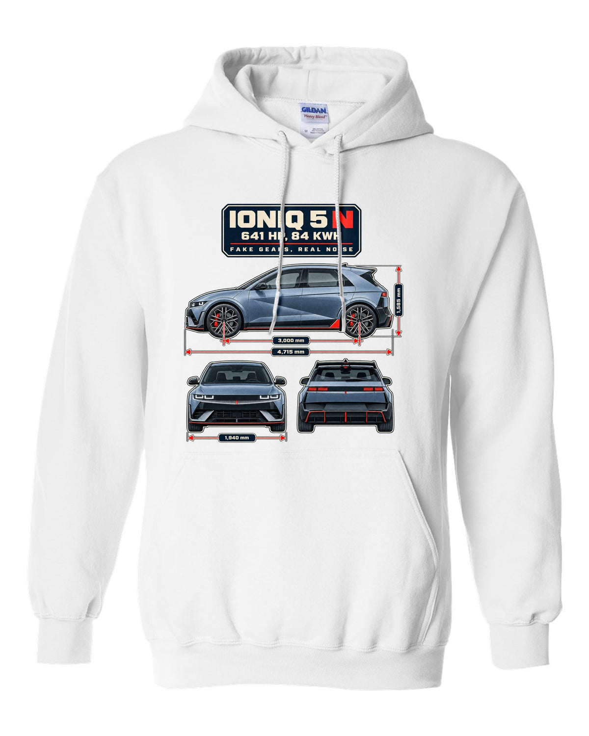 Hyundai Ioniq 5 N dimension blueprint print on a shirt white pull over hoodie front view with the design