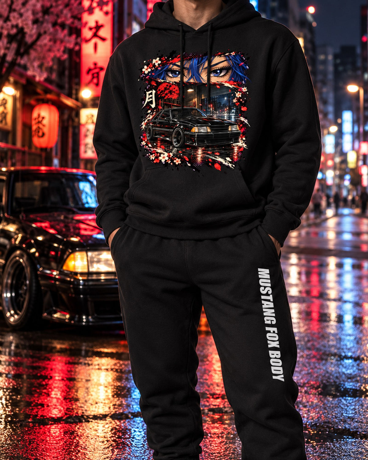 Ford Mustang FOX Body Anime Girl Hoodie + Jogger Set Black worn hero