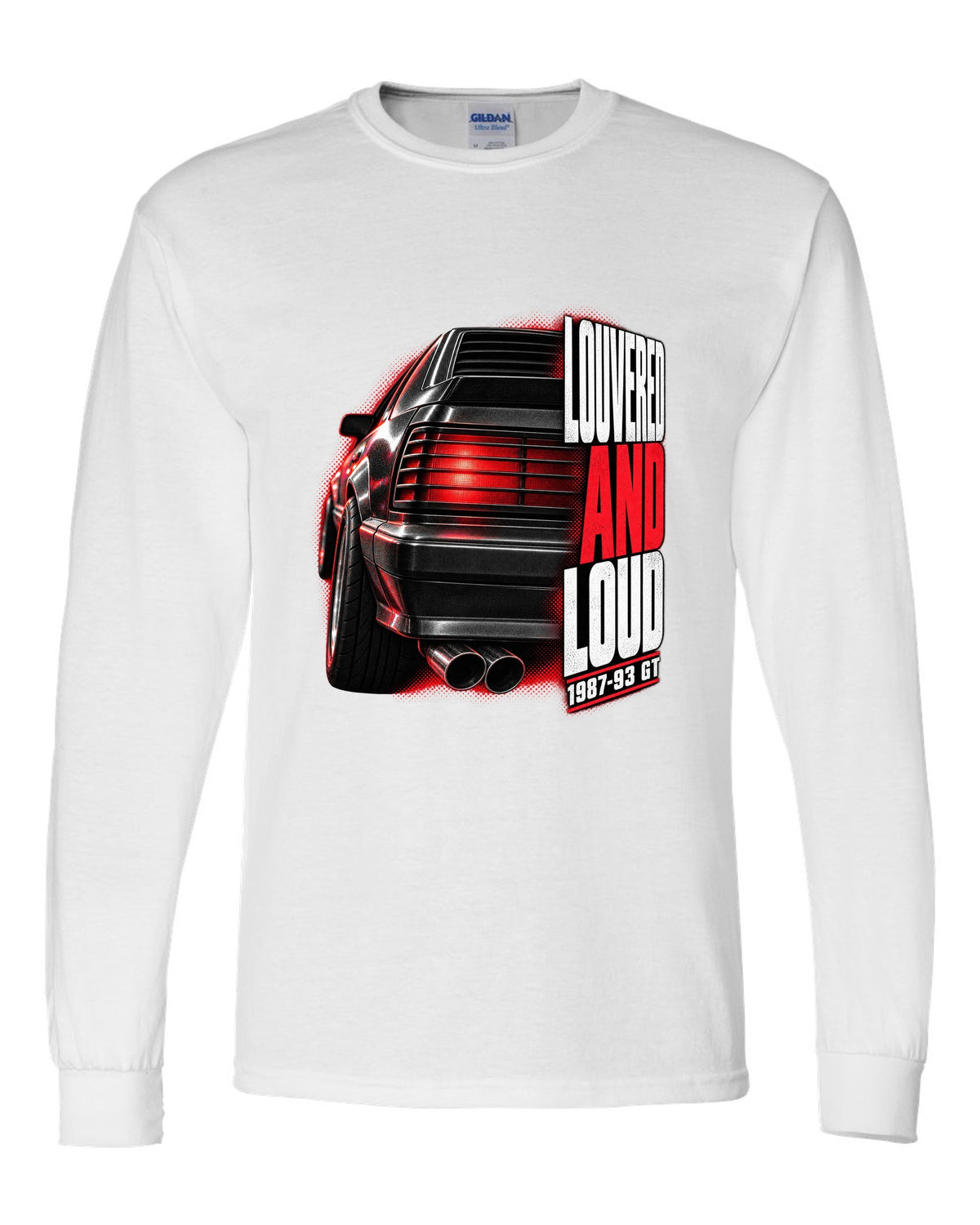 Macro print of a Ford Mustang Fox Body GT louvered taillight, 1987-93 white long sleeve front view with the design