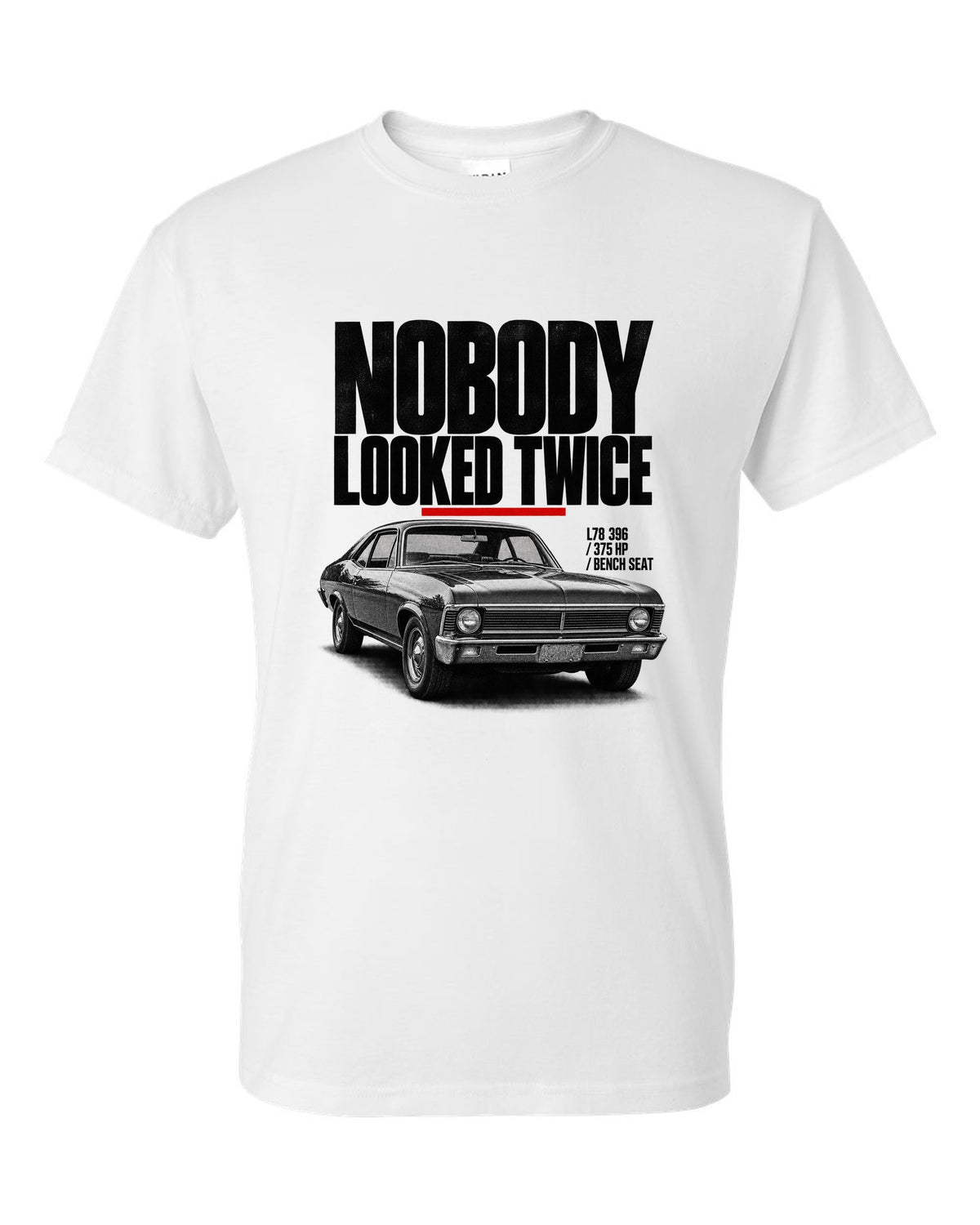 1969 Nova SS 396 halftone front three-quarter print with L78 396 specs white t-shirt front view with the design