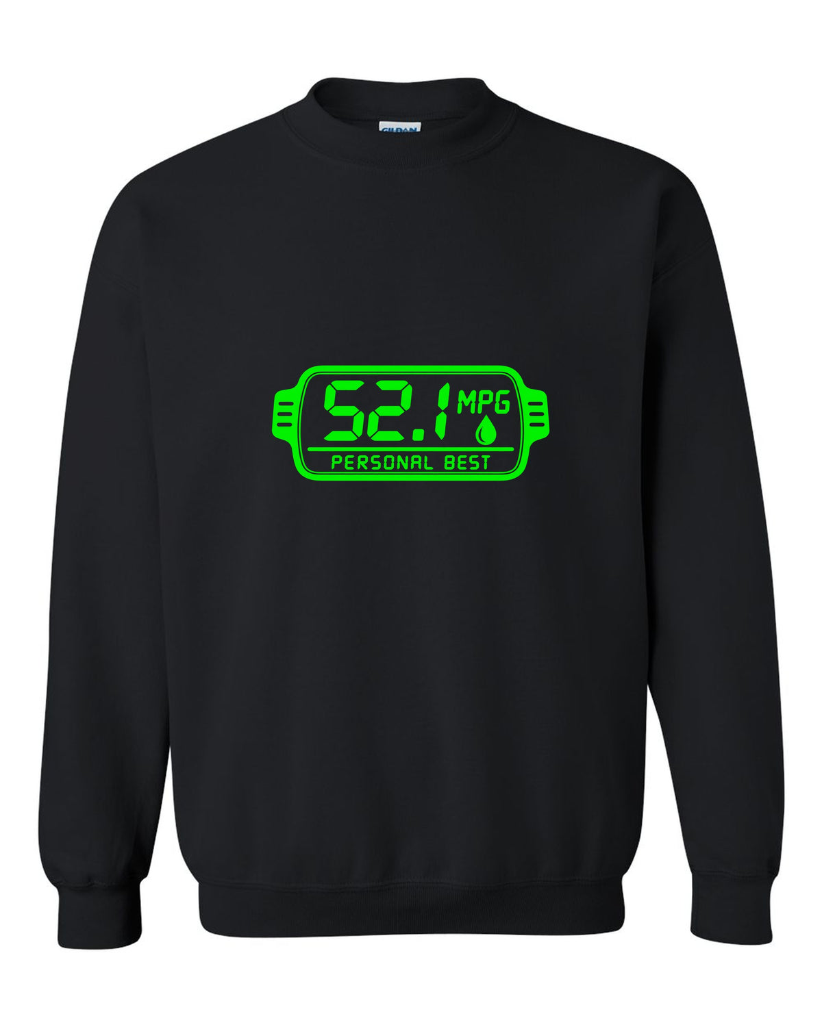 Trip computer display showing 52.1 with small fuel drop black crewneck front view with the design